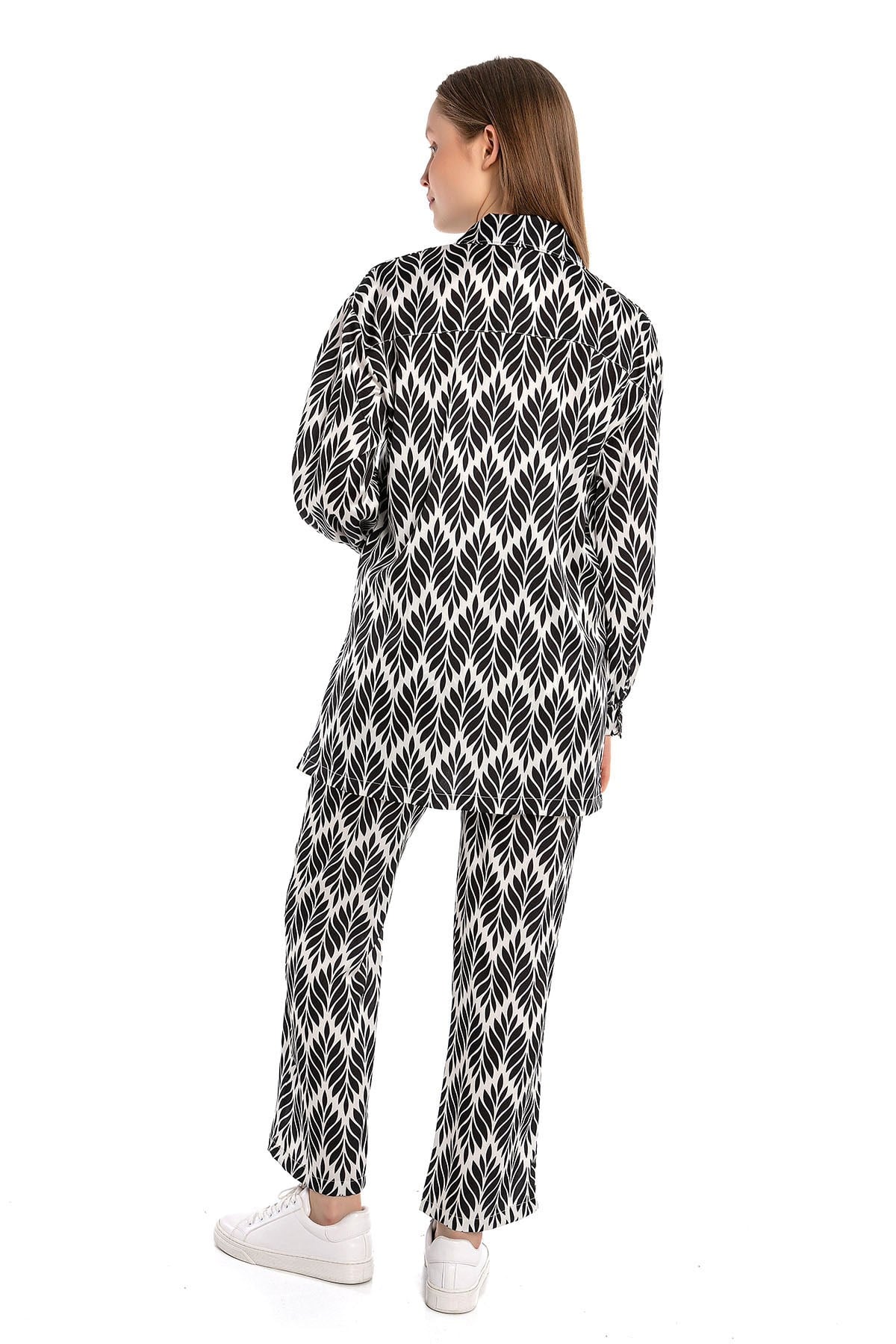 Womens Leaf Patterned Shirt and Trousers Black Suit