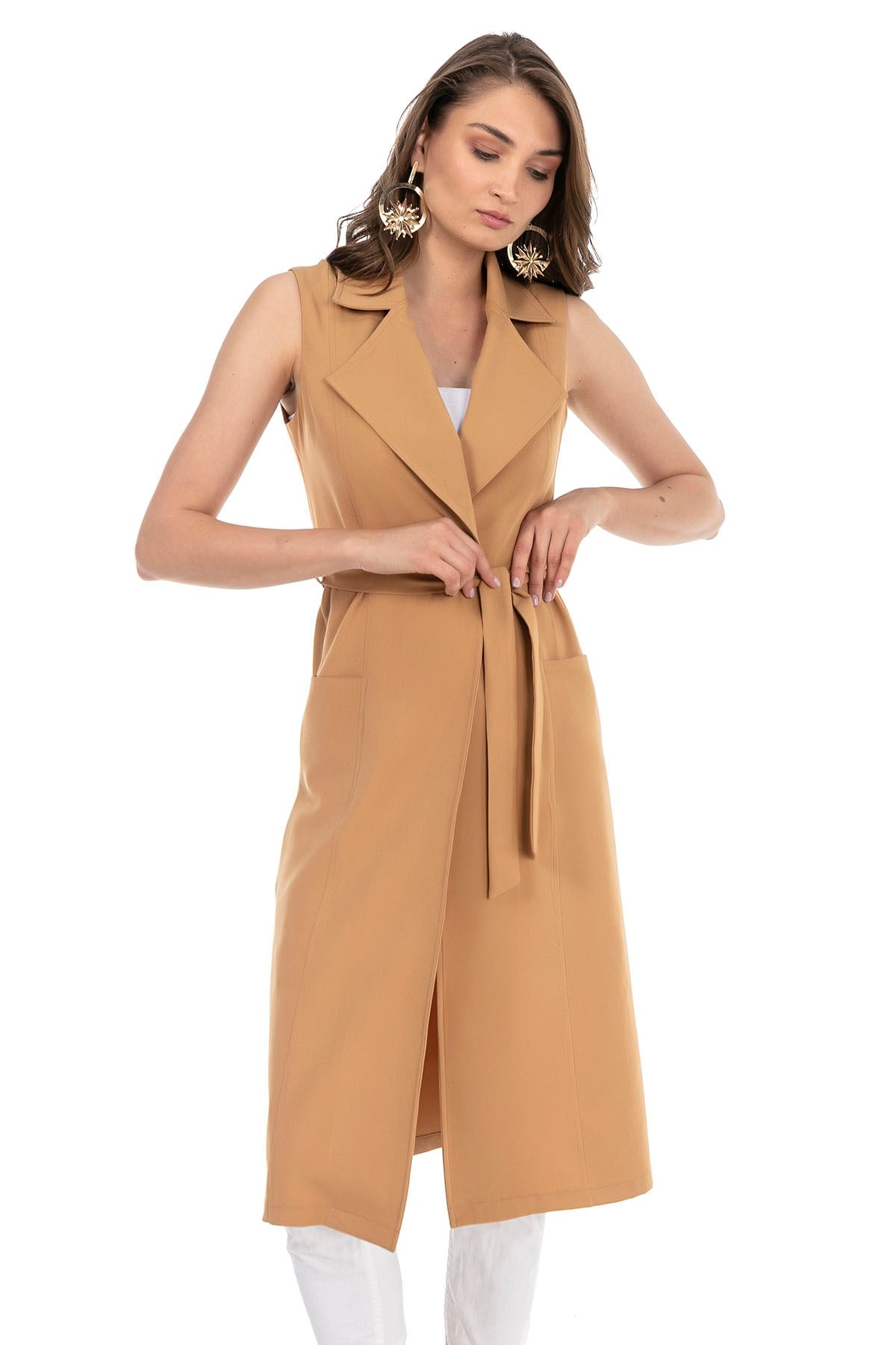 Classic Collar Midi Length Camel Vest with Pockets and Belt