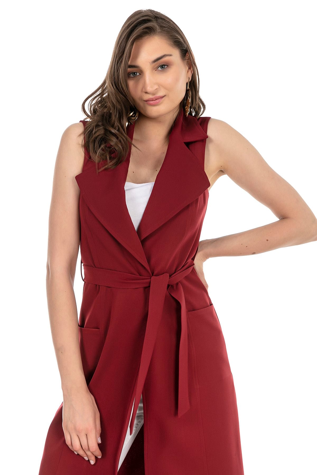 Classic Collar Midi Length Burgundy Vest with Pockets and Belt