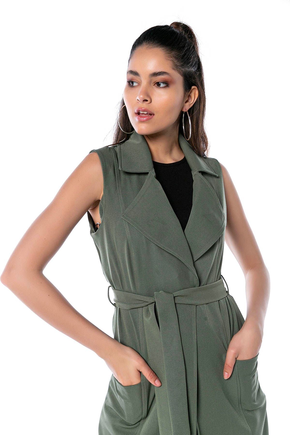 Classic Collar Midi Length Khaki Vest with Pockets and Belt
