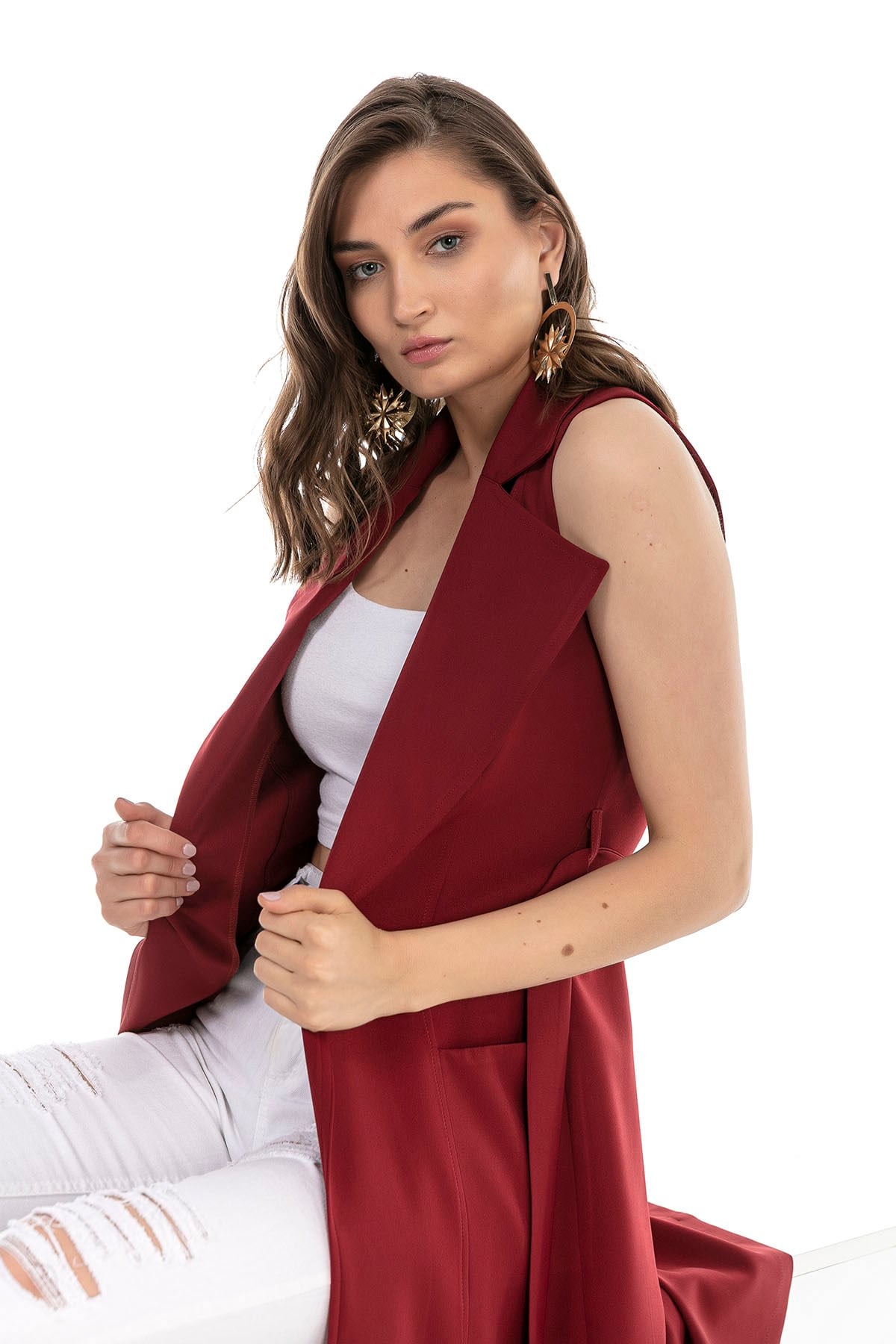 Classic Collar Midi Length Burgundy Vest with Pockets and Belt