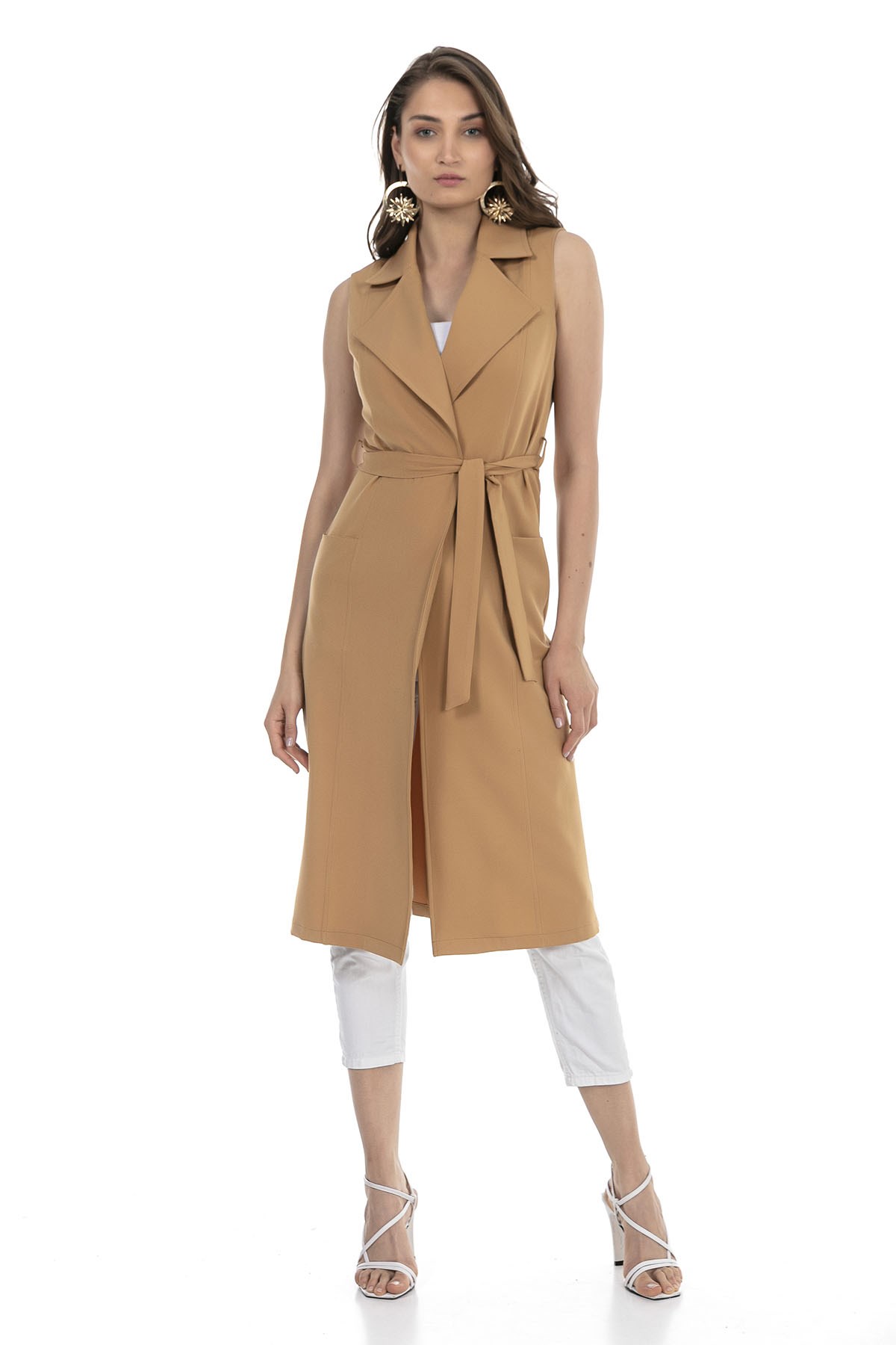 Classic Collar Midi Length Camel Vest with Pockets and Belt