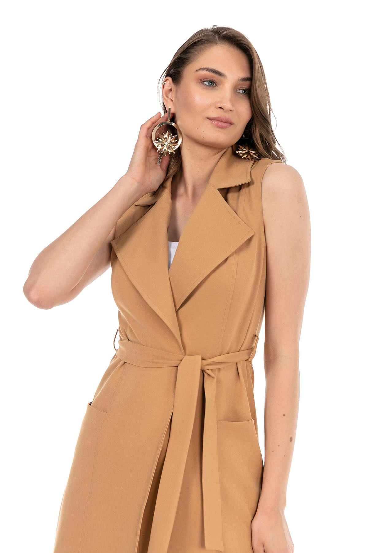 Classic Collar Midi Length Camel Vest with Pockets and Belt