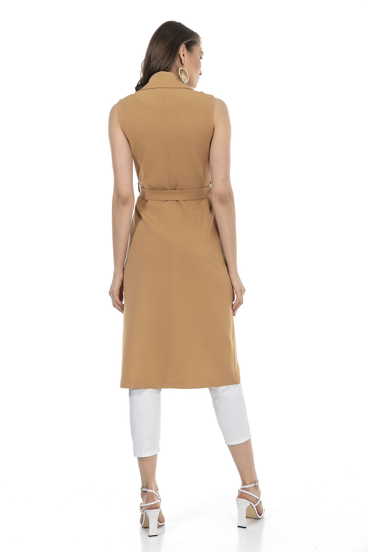 Classic Collar Midi Length Camel Vest with Pockets and Belt
