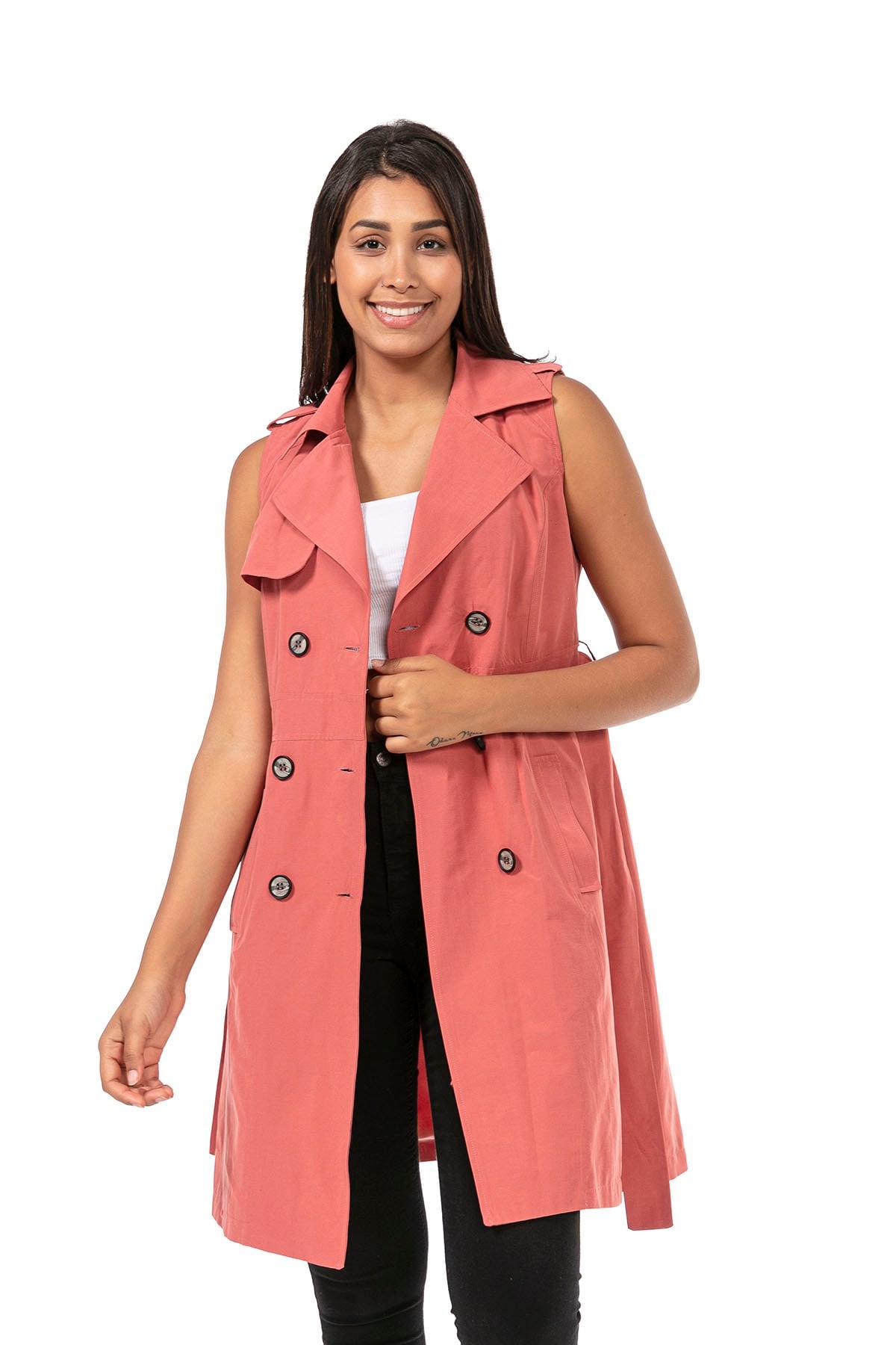 Double Breasted Collar Double Pocket Shoulder Epaulette Belted Lined Pink Vest