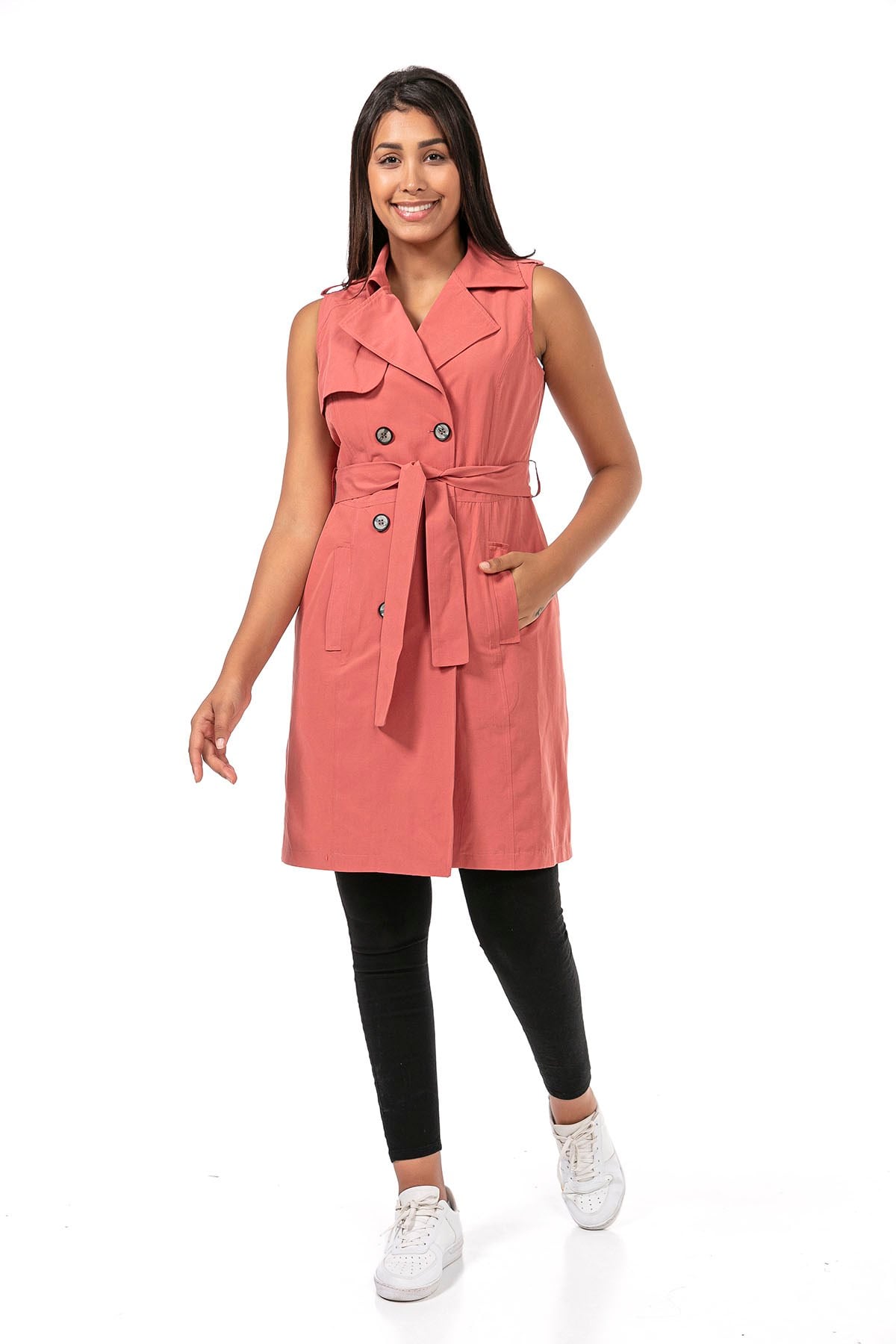 Double Breasted Collar Double Pocket Shoulder Epaulette Belted Lined Pink Vest