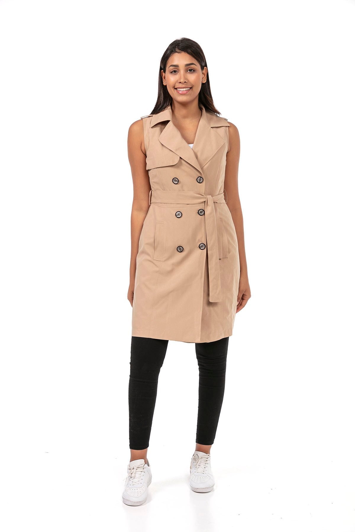 Double Breasted Collar Double Pocket Shoulder Epaulette Belted Lined Beige Vest