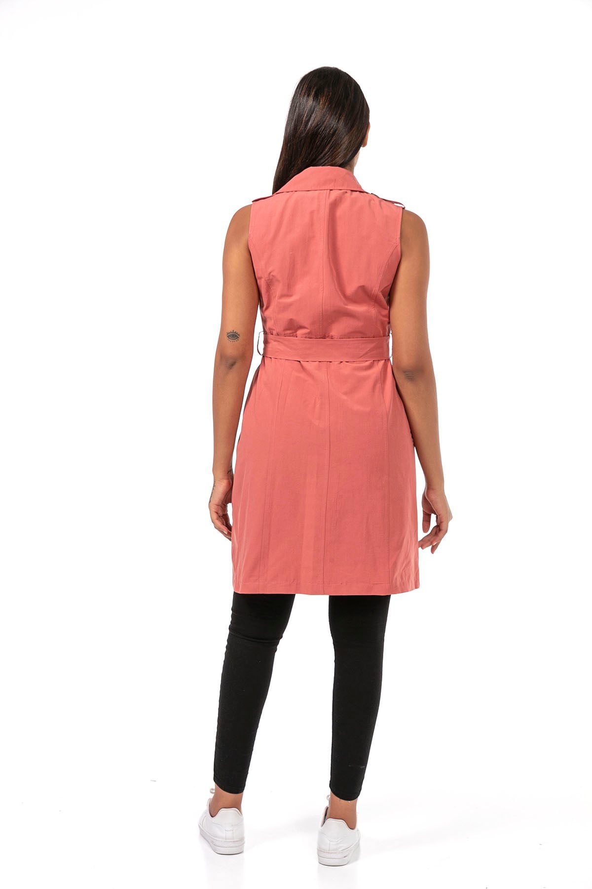Double Breasted Collar Double Pocket Shoulder Epaulette Belted Lined Pink Vest
