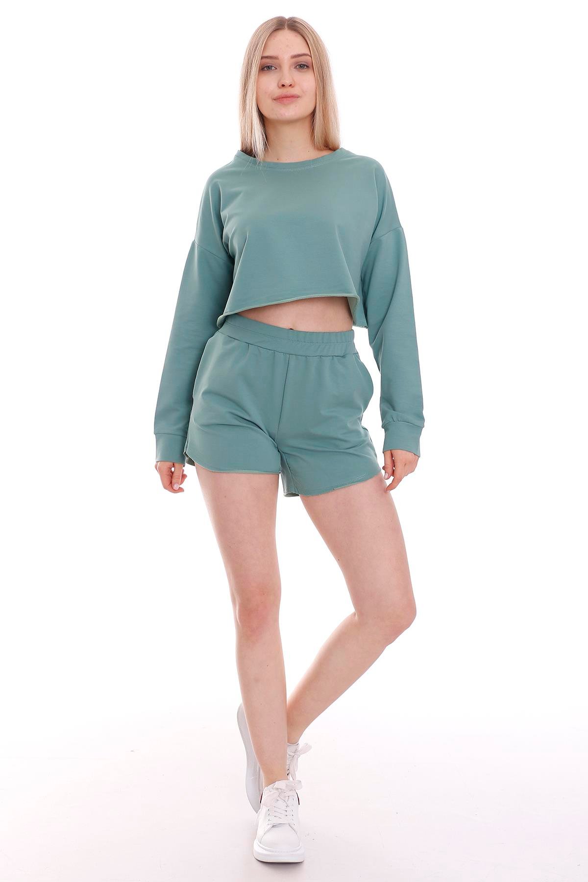 Crop Yandan Cepli Şort Takım