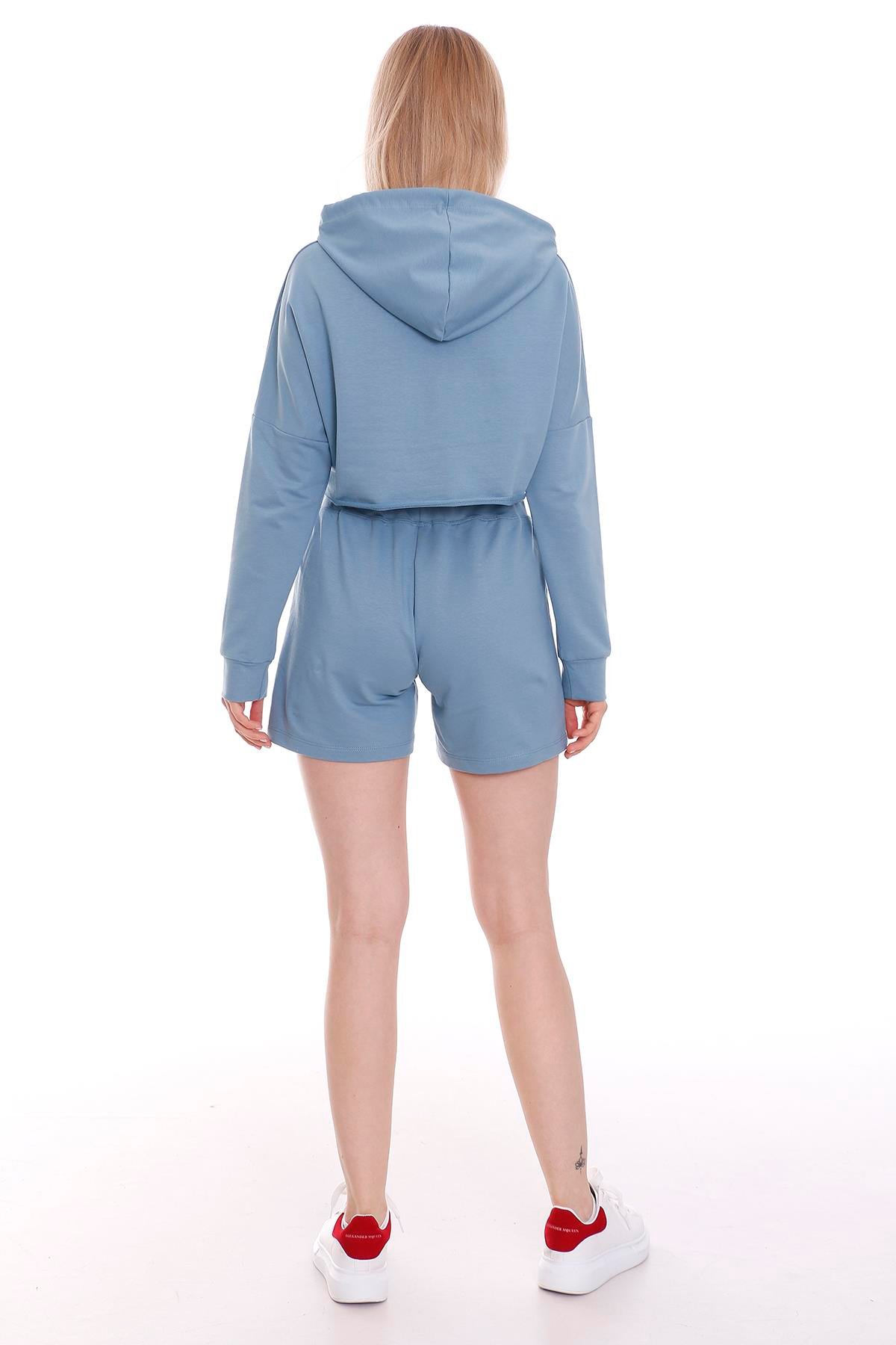 Kapüşonlu Crop Yandan Cepli Mavi Şort Takım