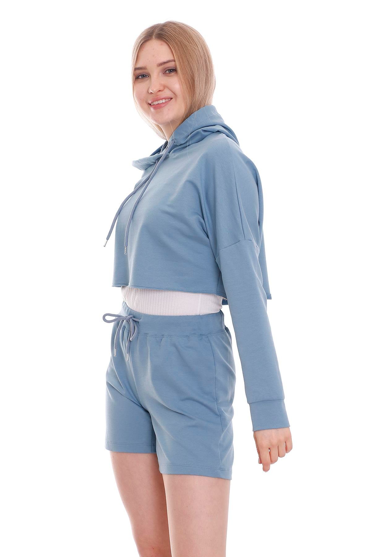 Kapüşonlu Crop Yandan Cepli Mavi Şort Takım
