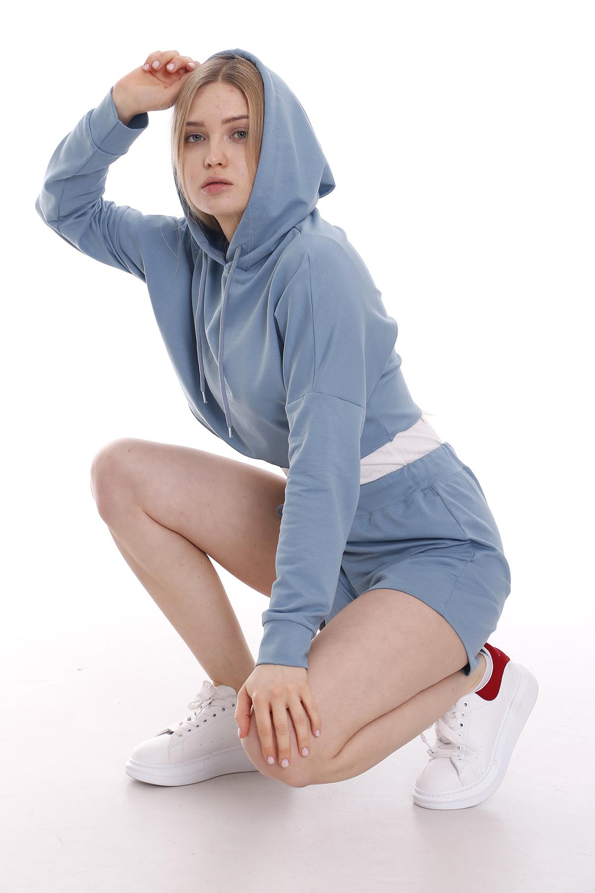 Kapüşonlu Crop Yandan Cepli Mavi Şort Takım