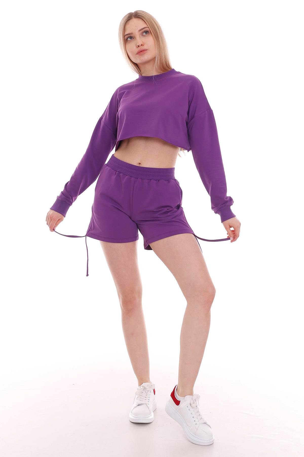 Yanları Bağcık Detaylı Crop Şort Takım