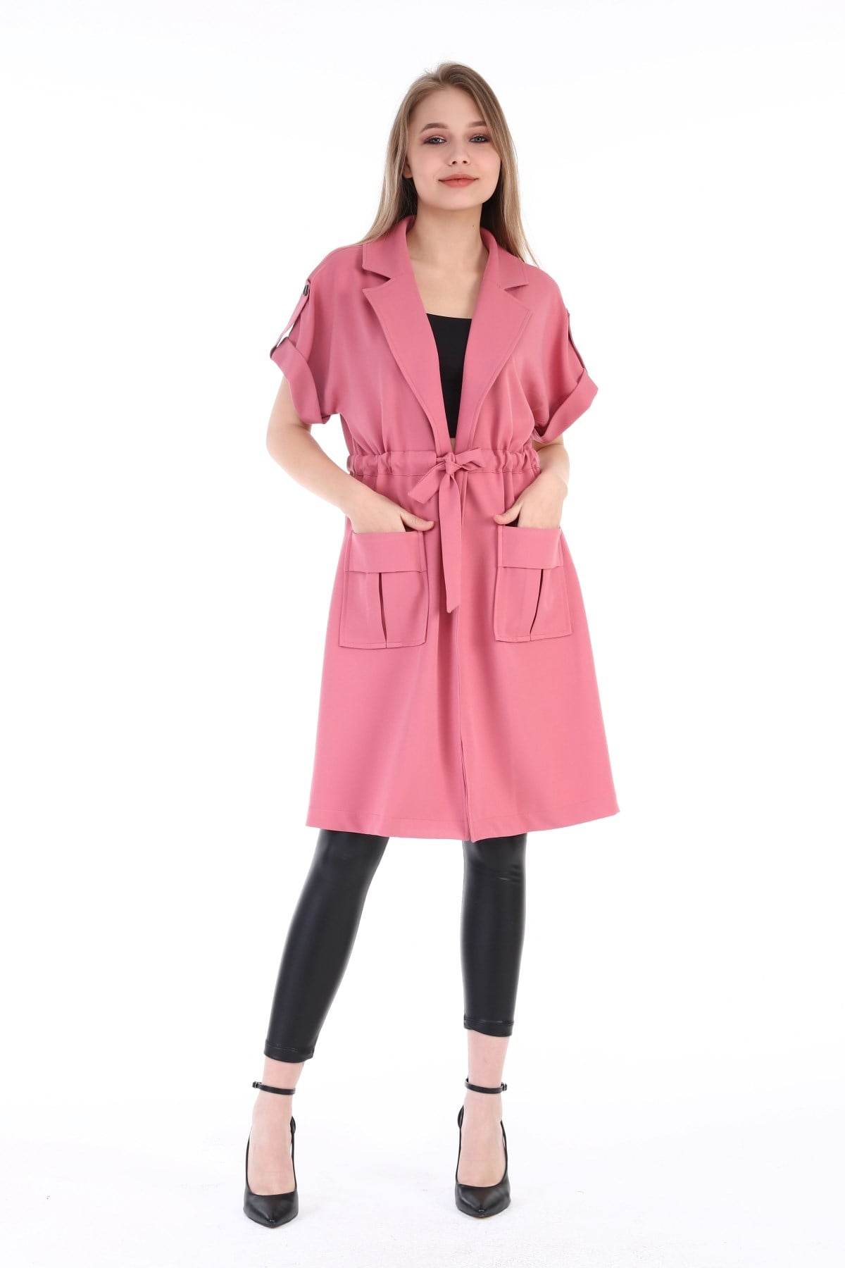 Mono Yaka Beli Tünelli Cepli Apoletli Kısa Kollu Astarsız Pembe Yelek