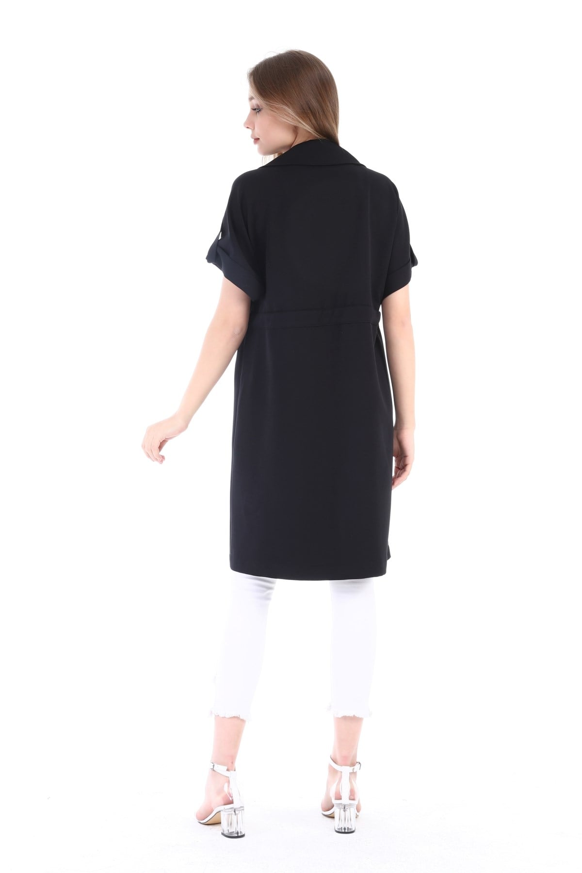 Mono Collar Waist Tunnel Pocket Epaulette Short Sleeve Unlined Black Vest