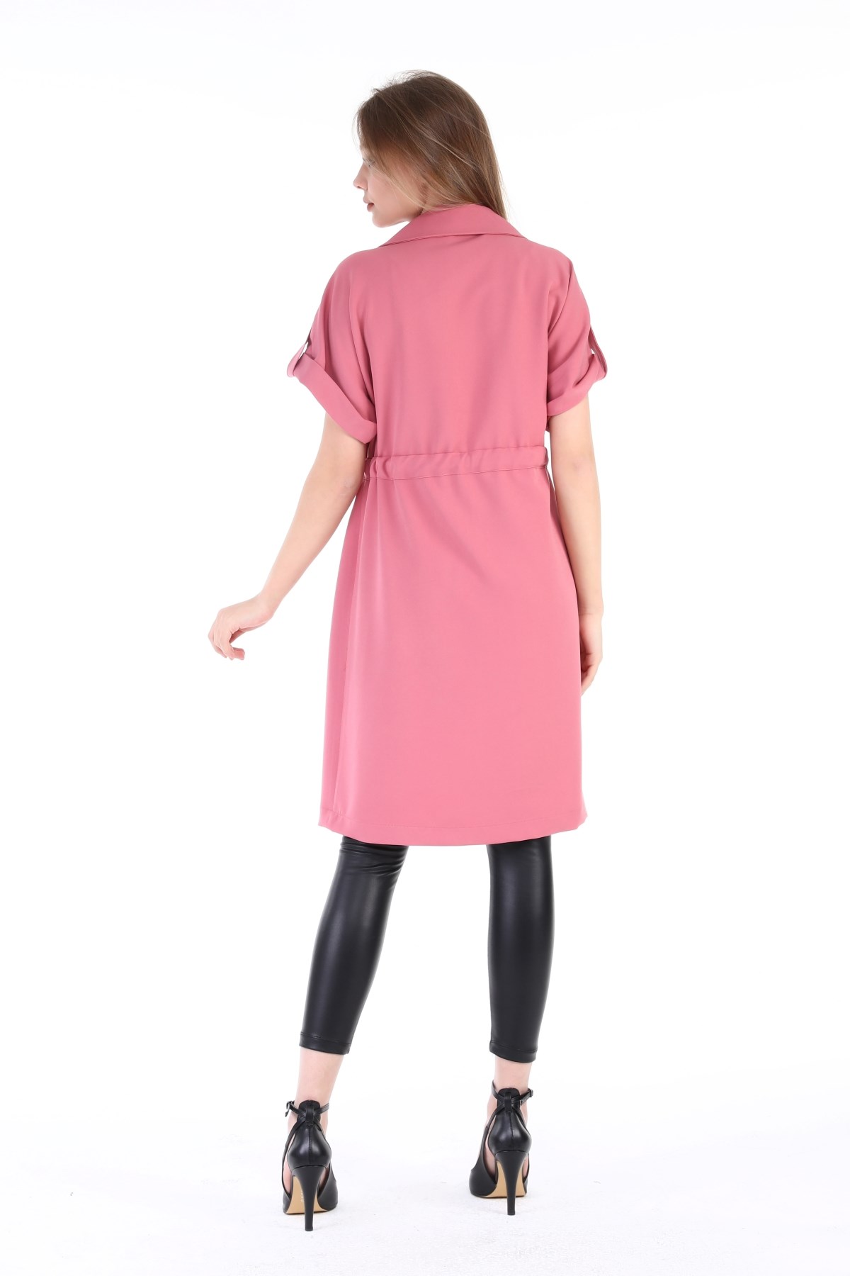 Mono Yaka Beli Tünelli Cepli Apoletli Kısa Kollu Astarsız Pembe Yelek