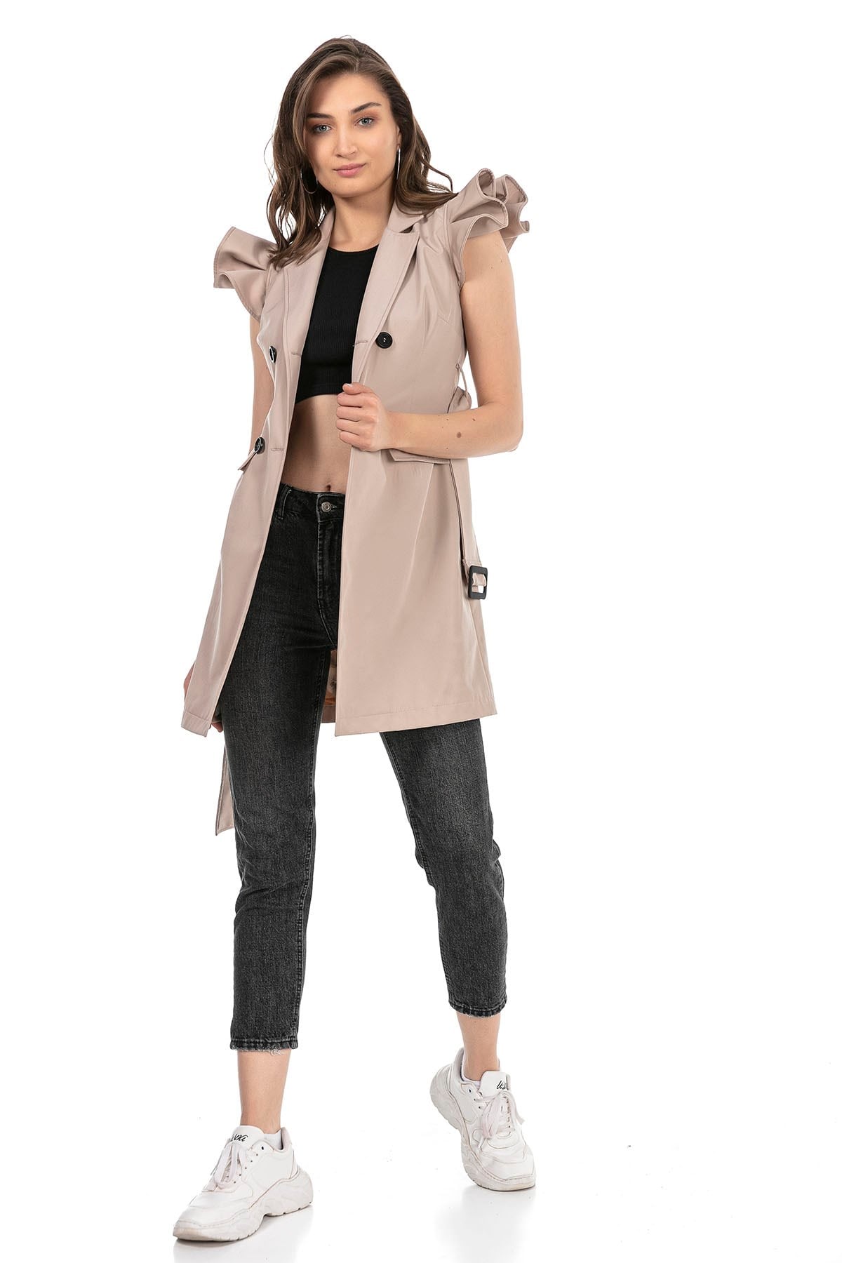 Mono Collar Windbreaker Epaulette Double Breasted Beige Vest