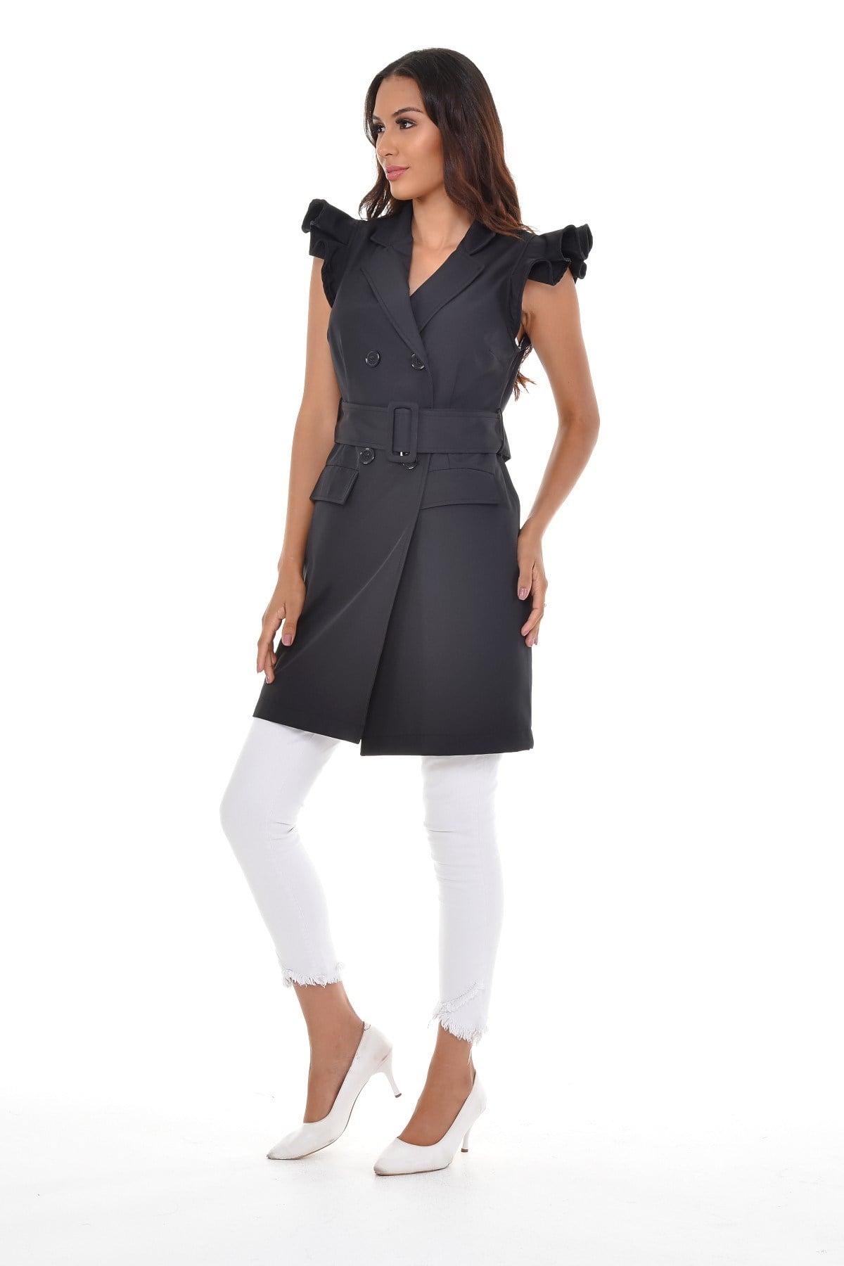 Mono Collar Windbreaker Epaulette Double Breasted Black Vest