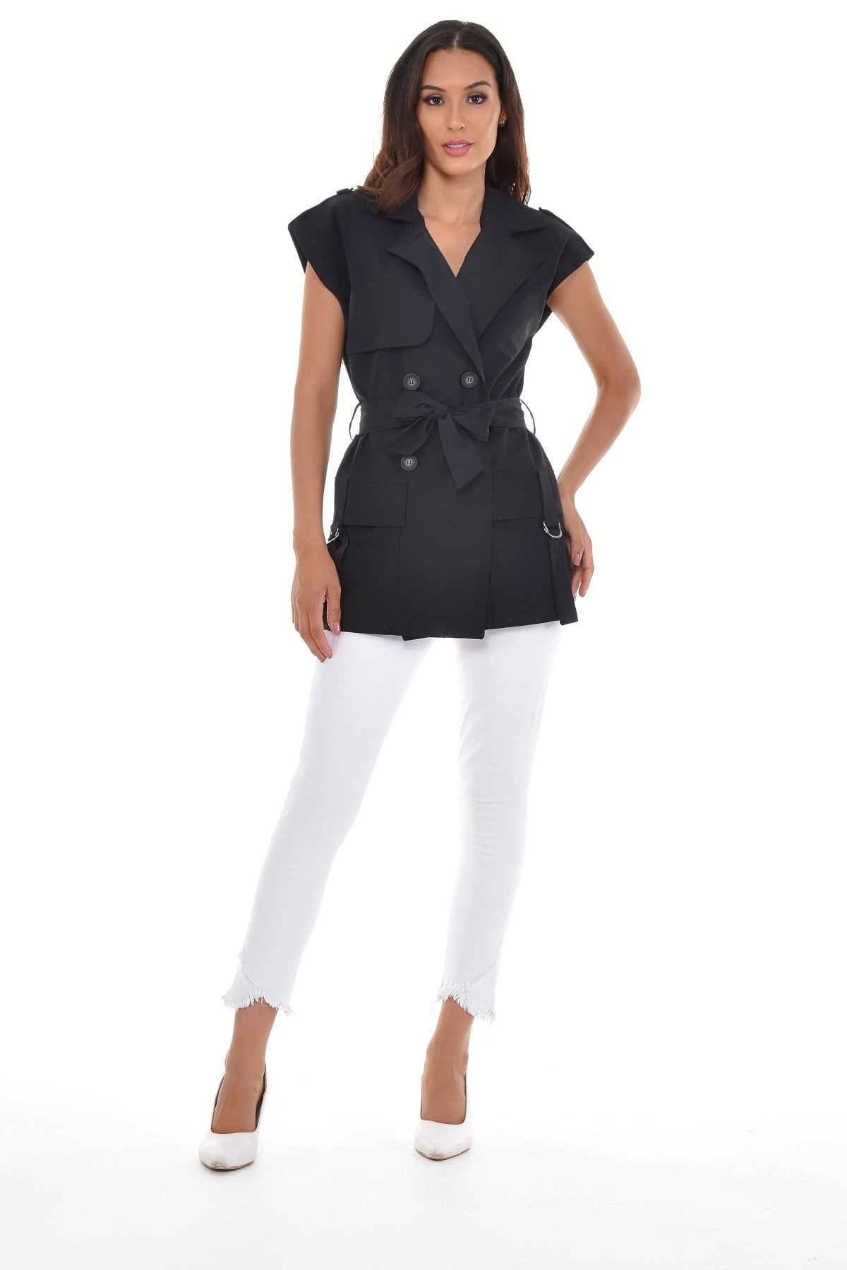 Mono Collar Windbreaker Epaulette Double Breasted Black Vest