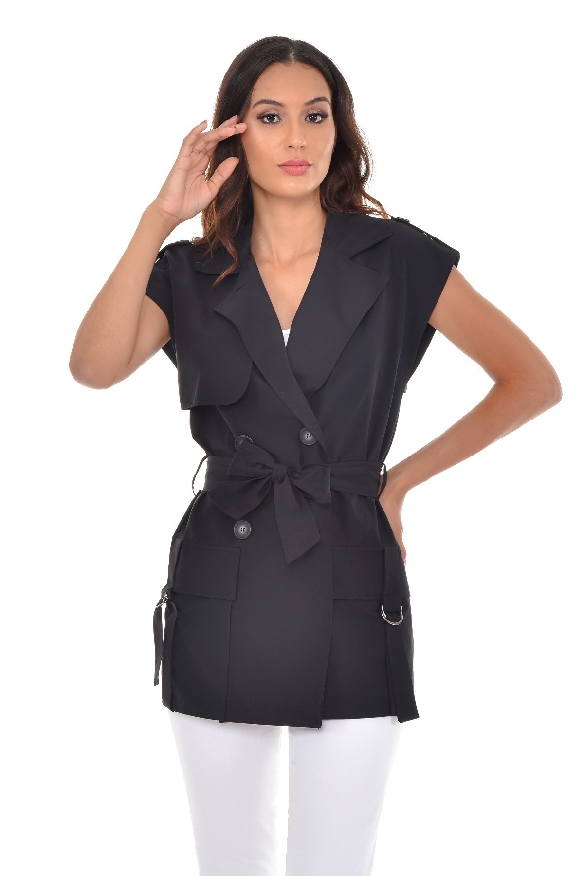 Mono Collar Windbreaker Epaulette Double Breasted Black Vest