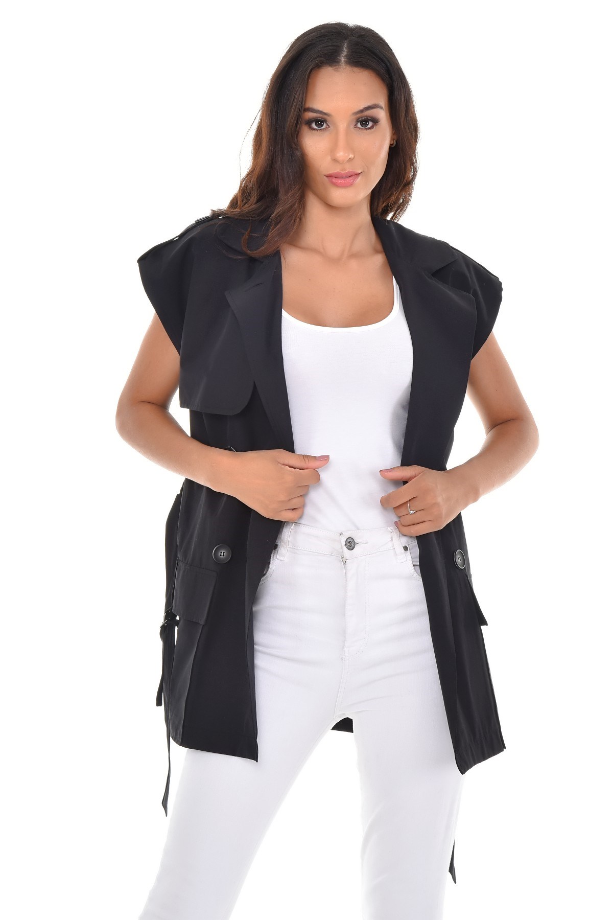 Mono Collar Windbreaker Epaulette Double Breasted Black Vest