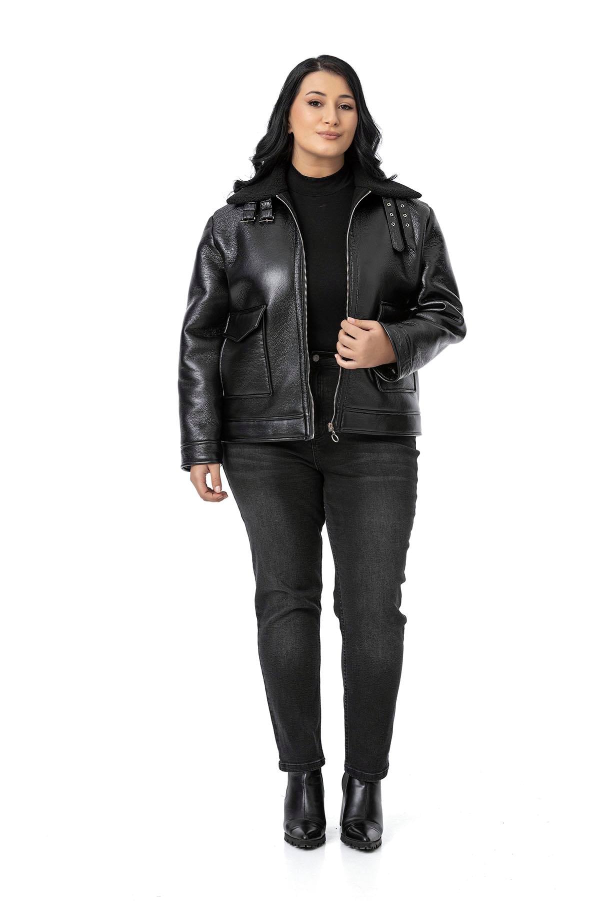 Plus Size Black Leather Coat with Fur Inside, Zipper and Buckle Detail on the Collar