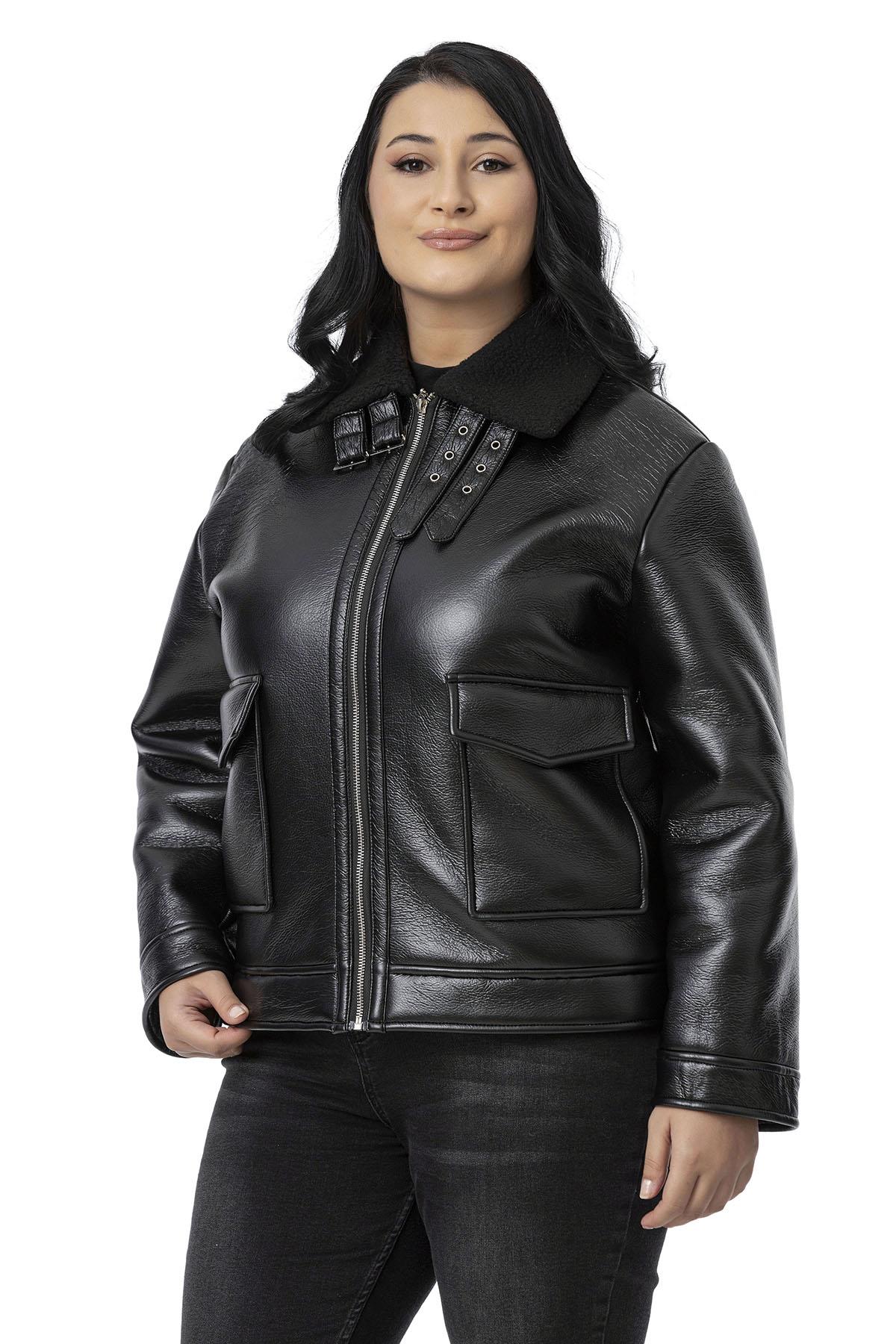 Plus Size Black Leather Coat with Fur Inside, Zipper and Buckle Detail on the Collar