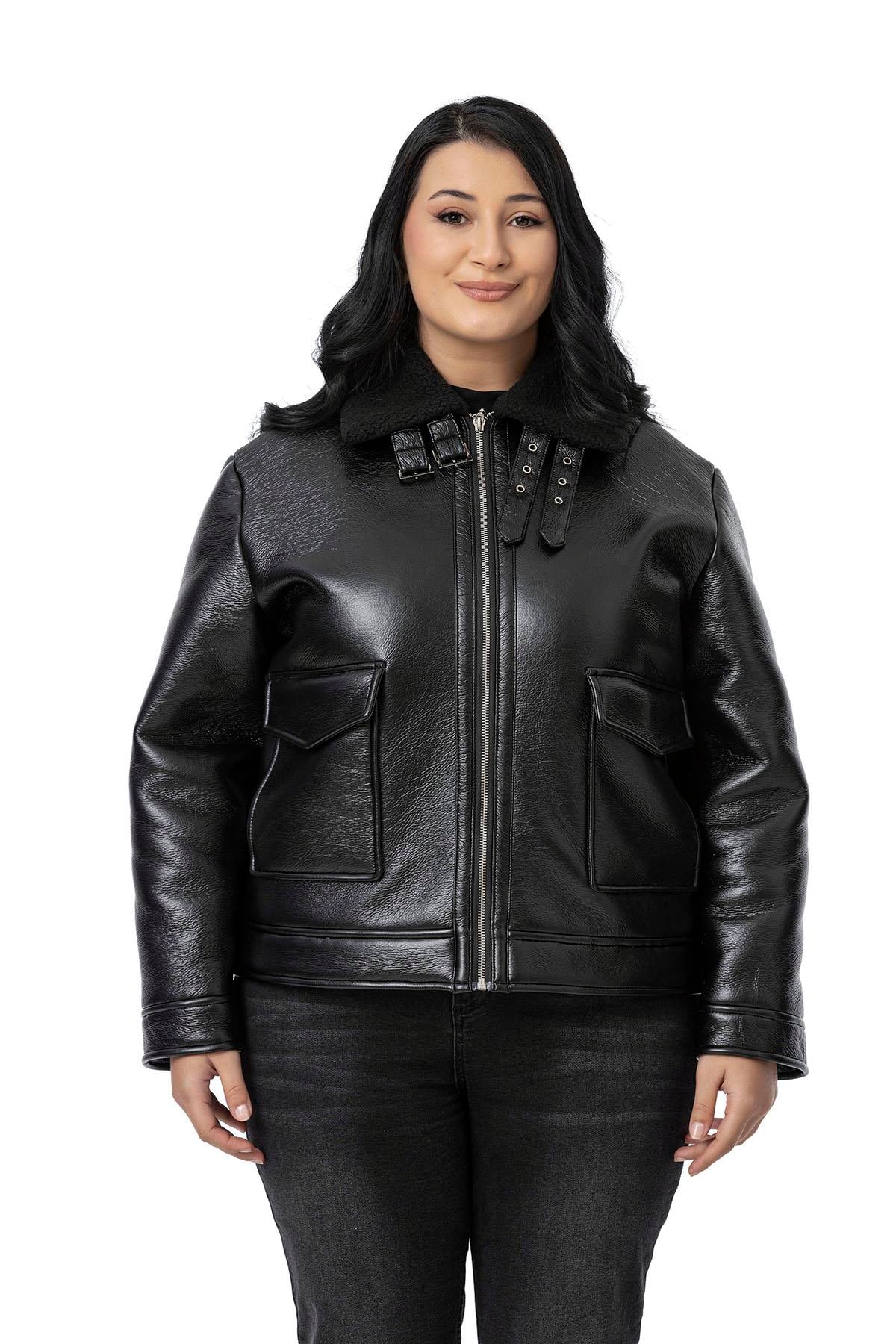 Plus Size Black Leather Coat with Fur Inside, Zipper and Buckle Detail on the Collar