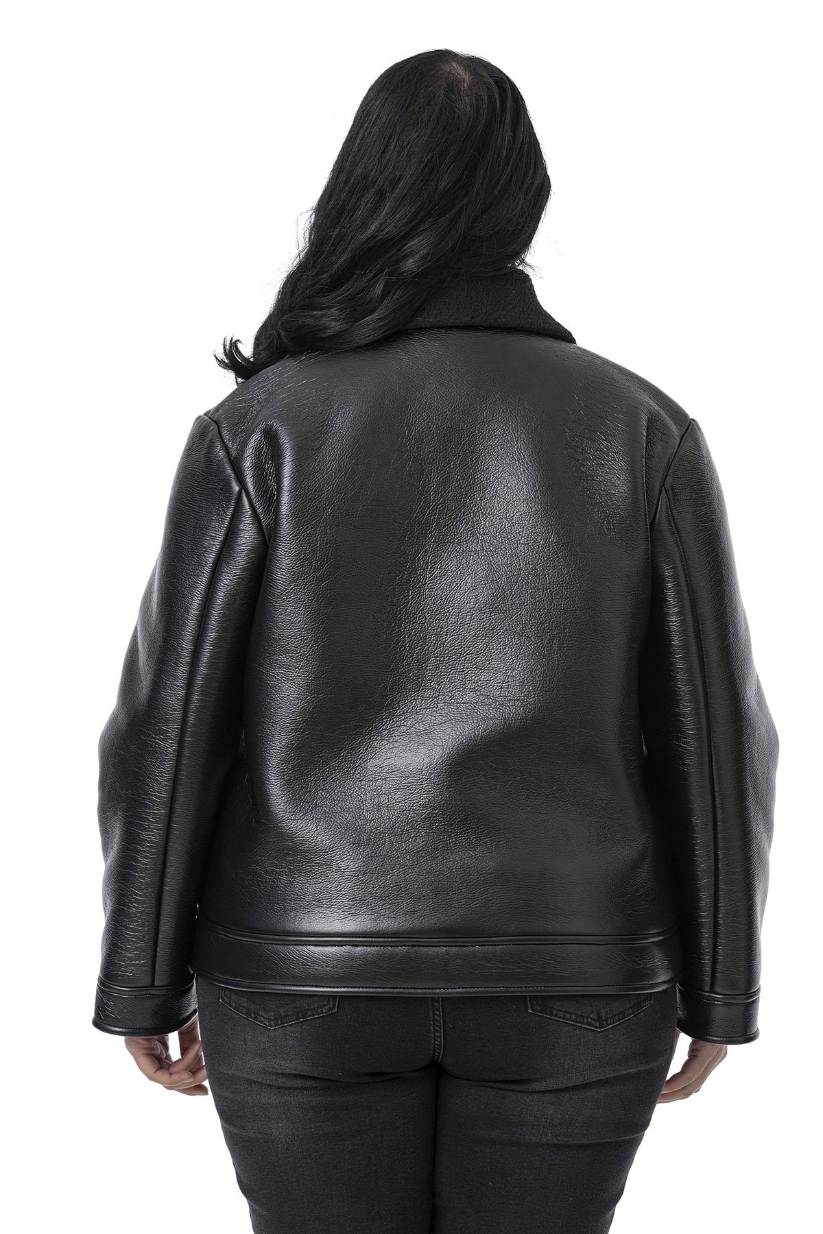 Plus Size Black Leather Coat with Fur Inside, Zipper and Buckle Detail on the Collar