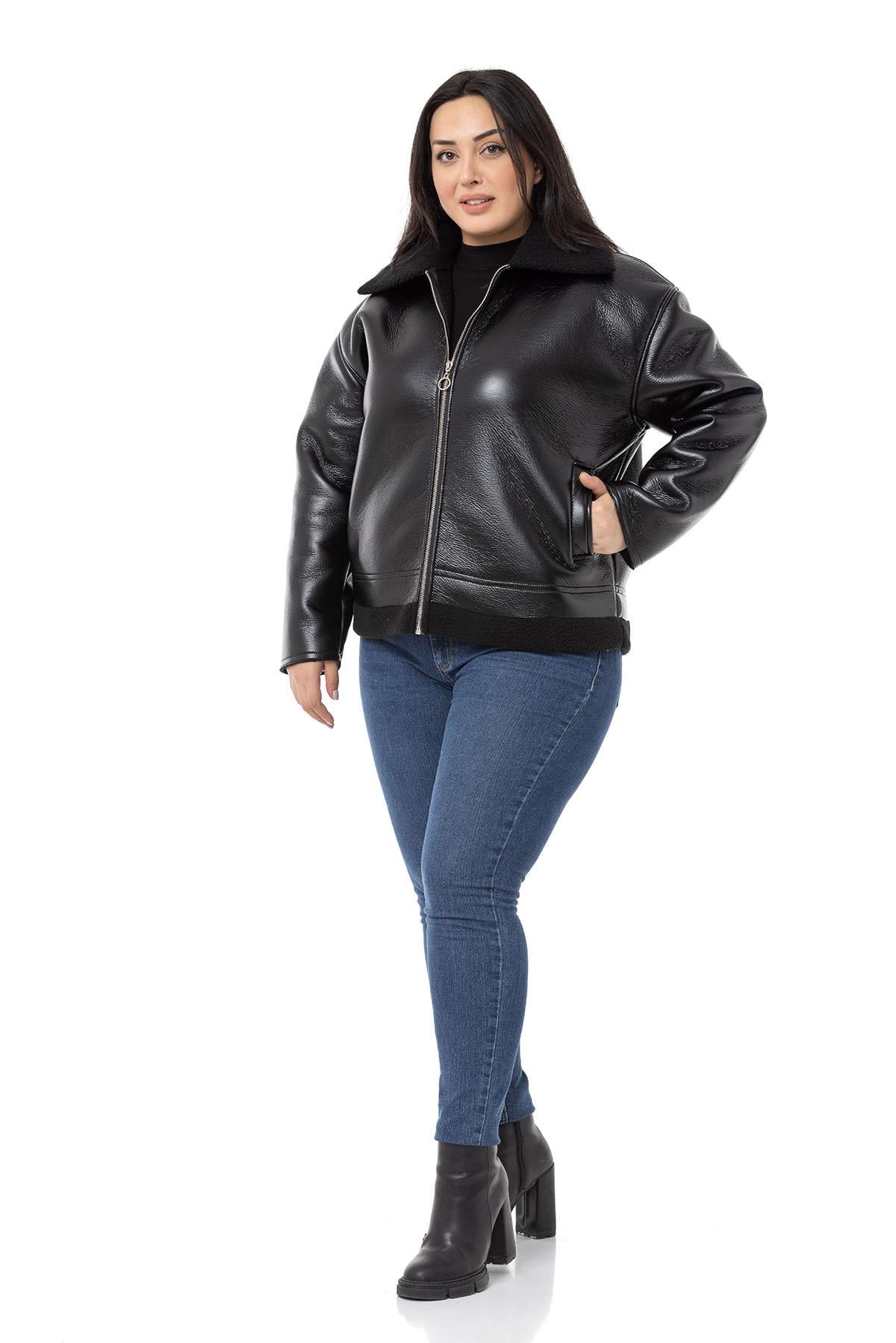 Plus Size Black Leather Coat with Fur Collar and Skirt