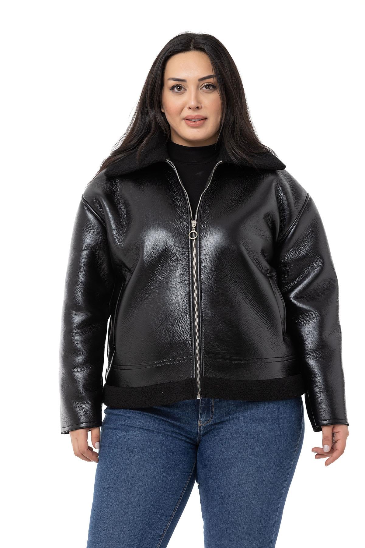 Plus Size Black Leather Coat with Fur Collar and Skirt
