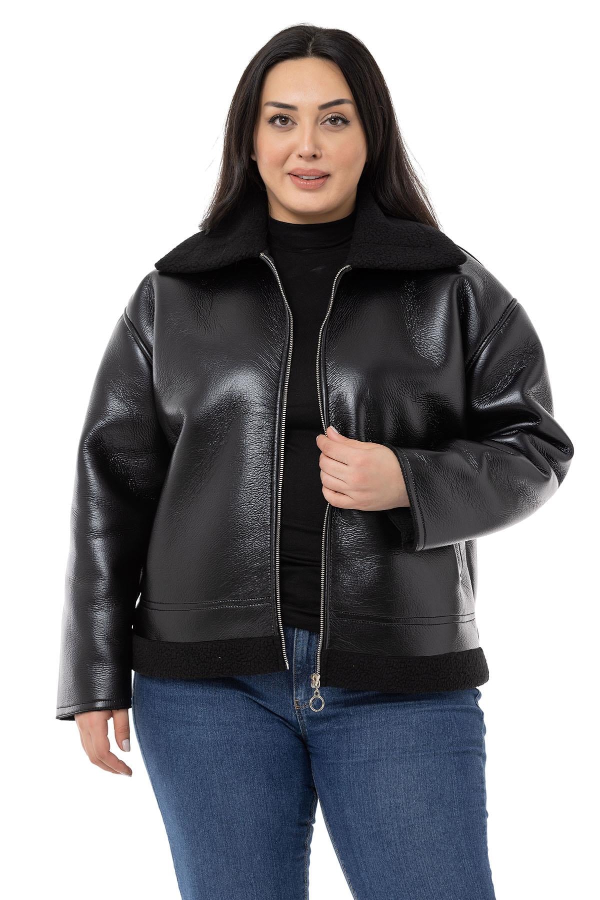 Plus Size Black Leather Coat with Fur Collar and Skirt