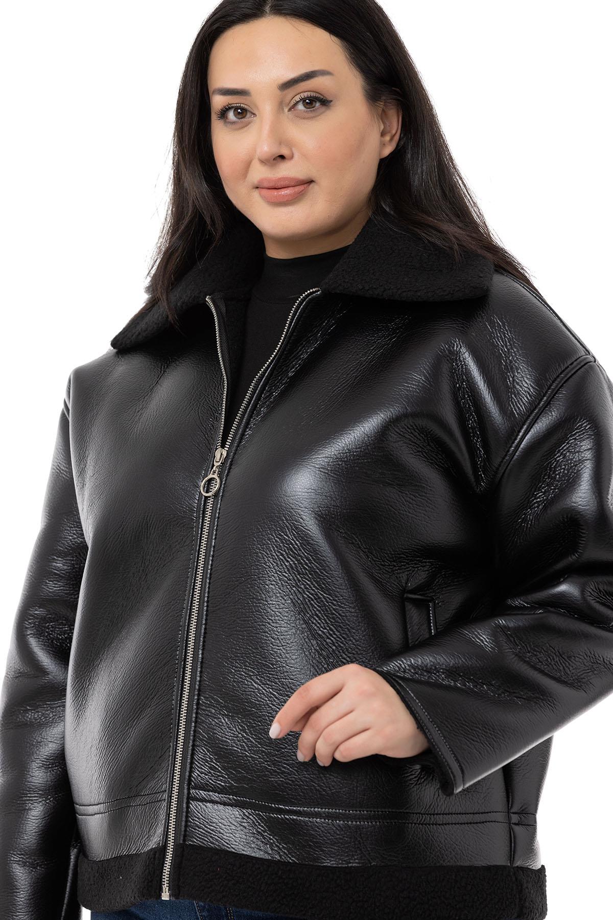 Plus Size Black Leather Coat with Fur Collar and Skirt