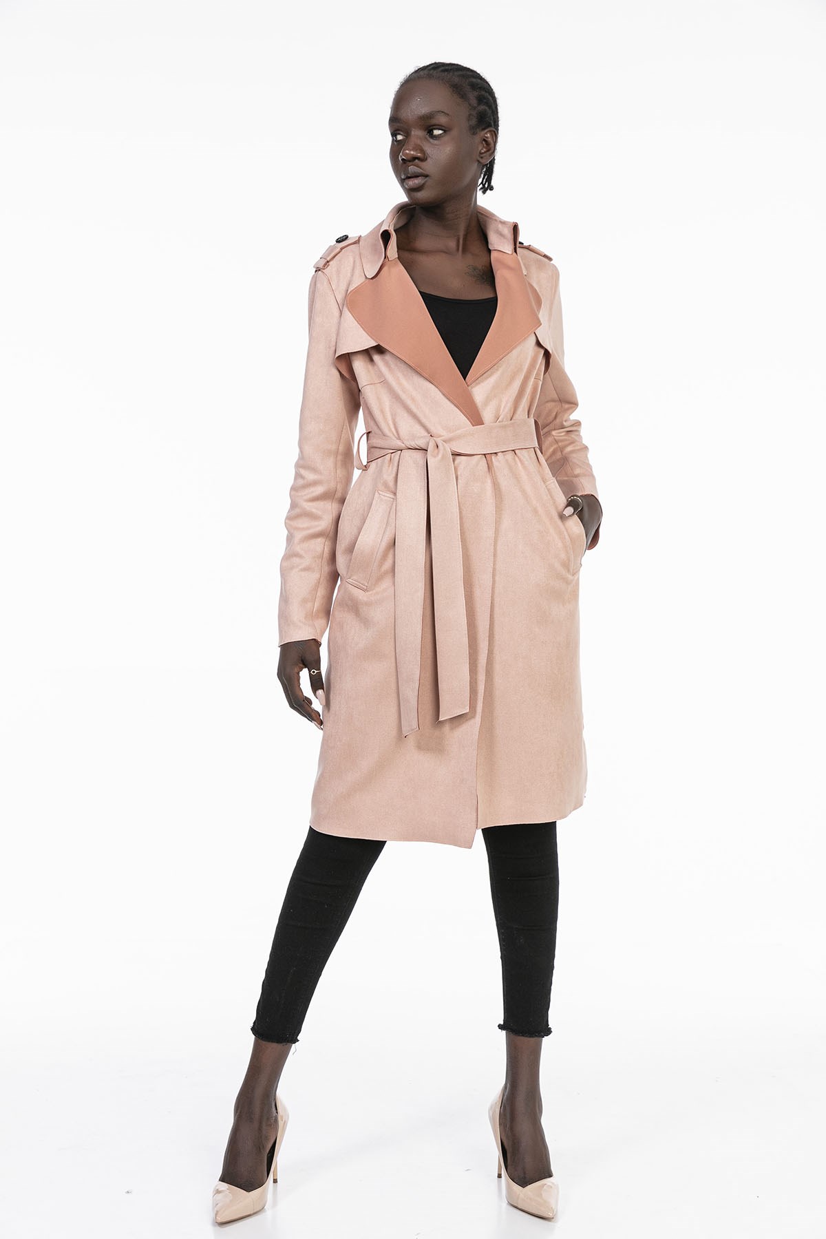 Unlined Light Pink Suede Trench Coat with Epaulettes on the Shoulder, Belted and Slits