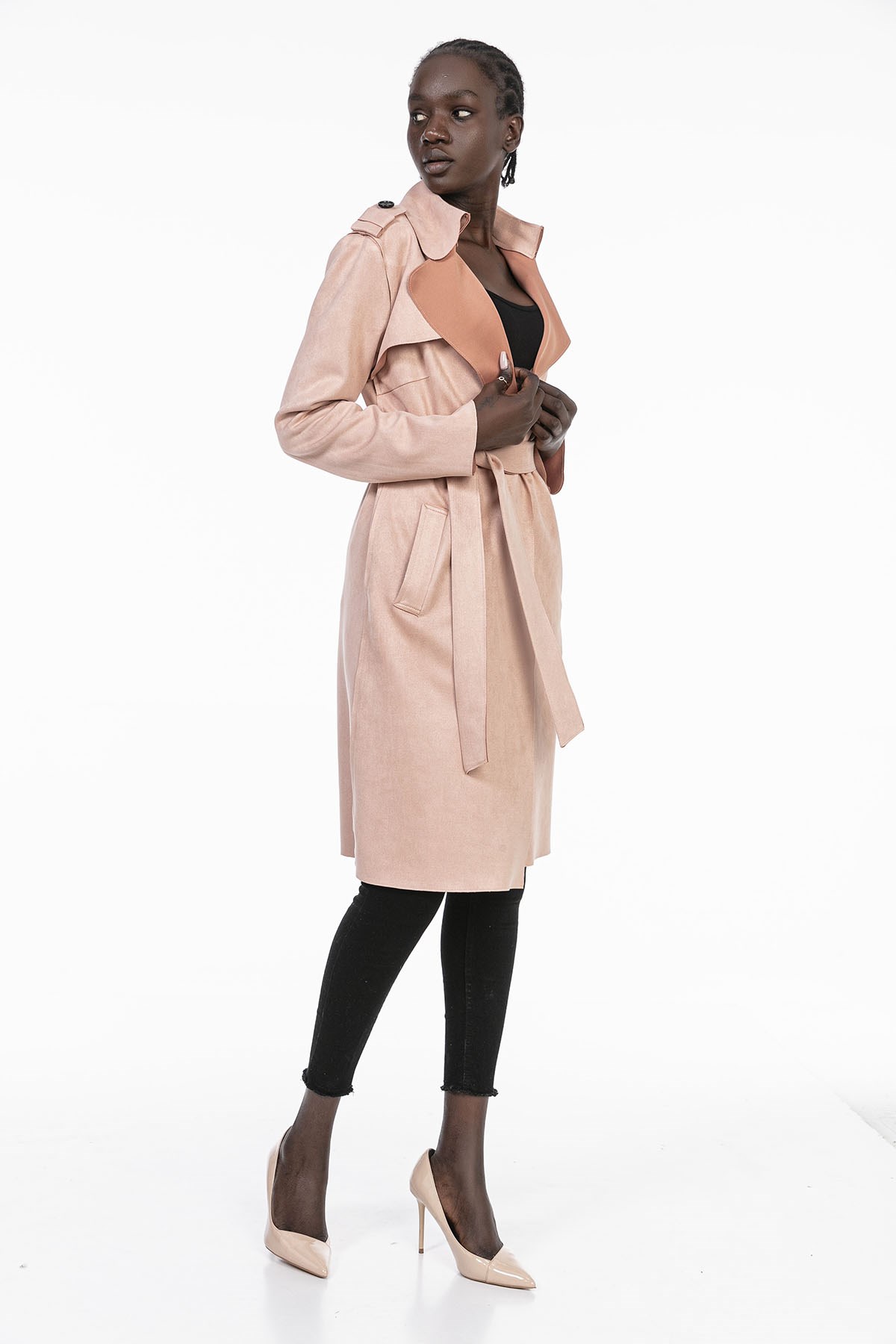 Unlined Light Pink Suede Trench Coat with Epaulettes on the Shoulder, Belted and Slits