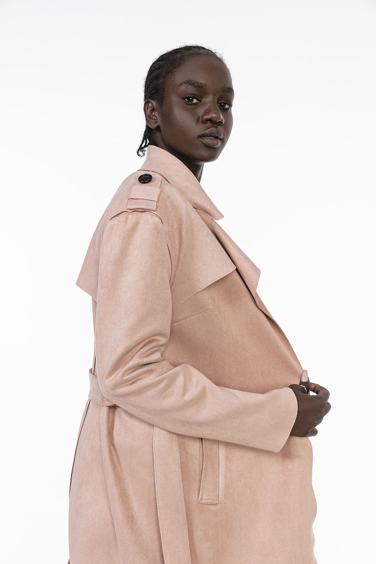 Unlined Light Pink Suede Trench Coat with Epaulettes on the Shoulder, Belted and Slits