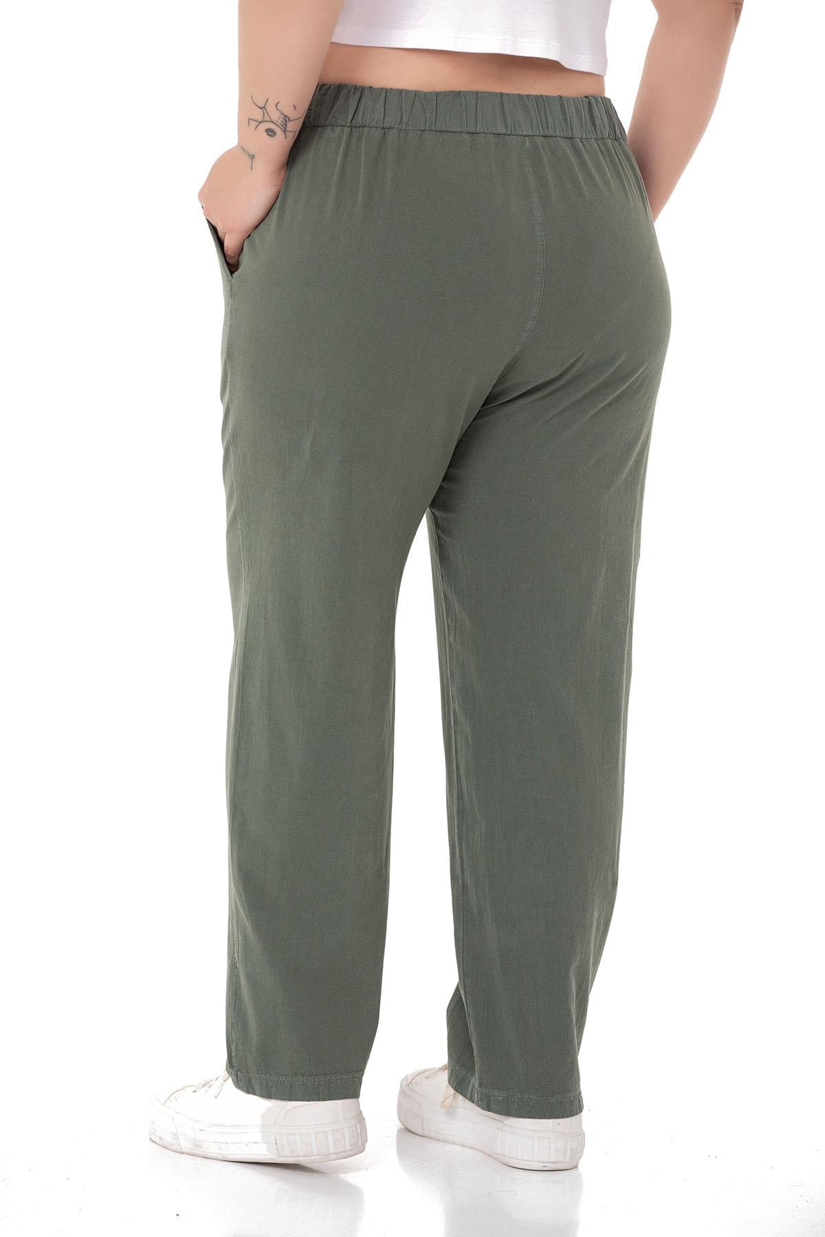 Plus Size Khaki Trousers with Elastic Waist and Drawstring Detail