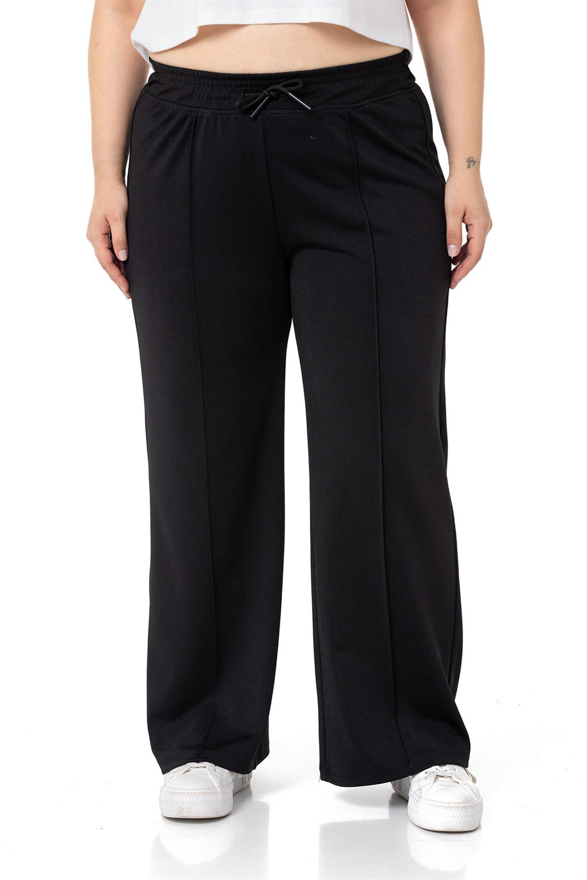 Plus Size Black Wide Leg Trousers with Elastic Waist and Drawstring and Ribbed Stitching