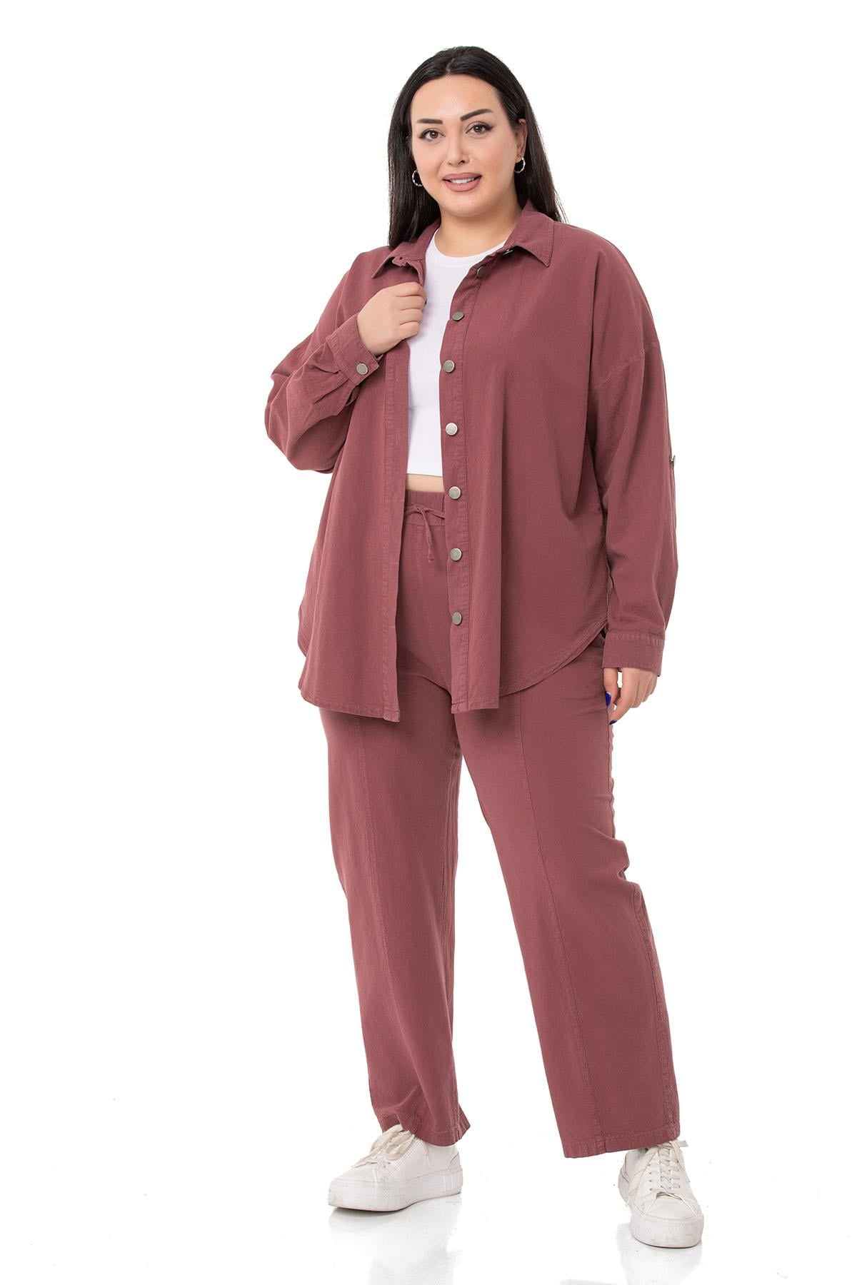 Plus Size Plum Trousers with Elastic Waist and Rope Gather Detail