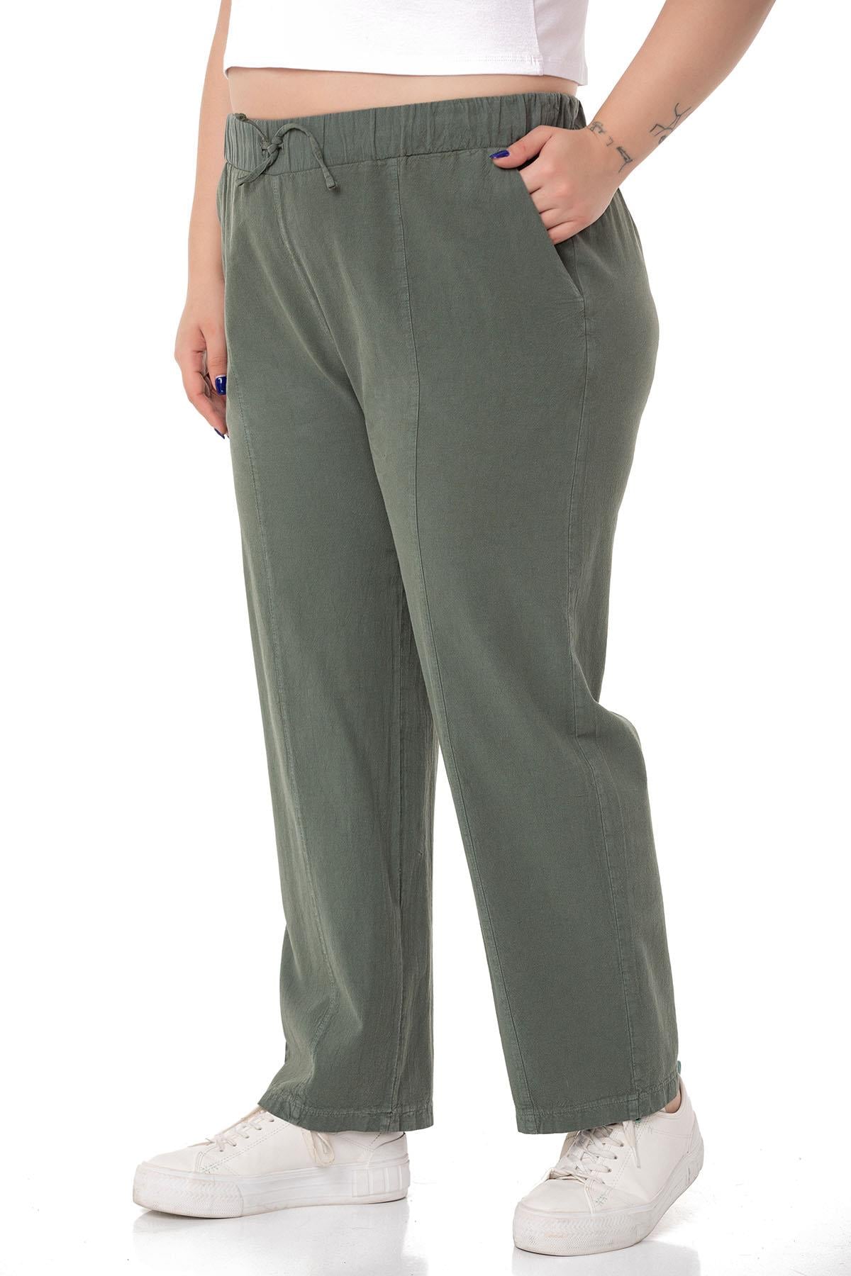 Plus Size Khaki Trousers with Elastic Waist and Drawstring Detail