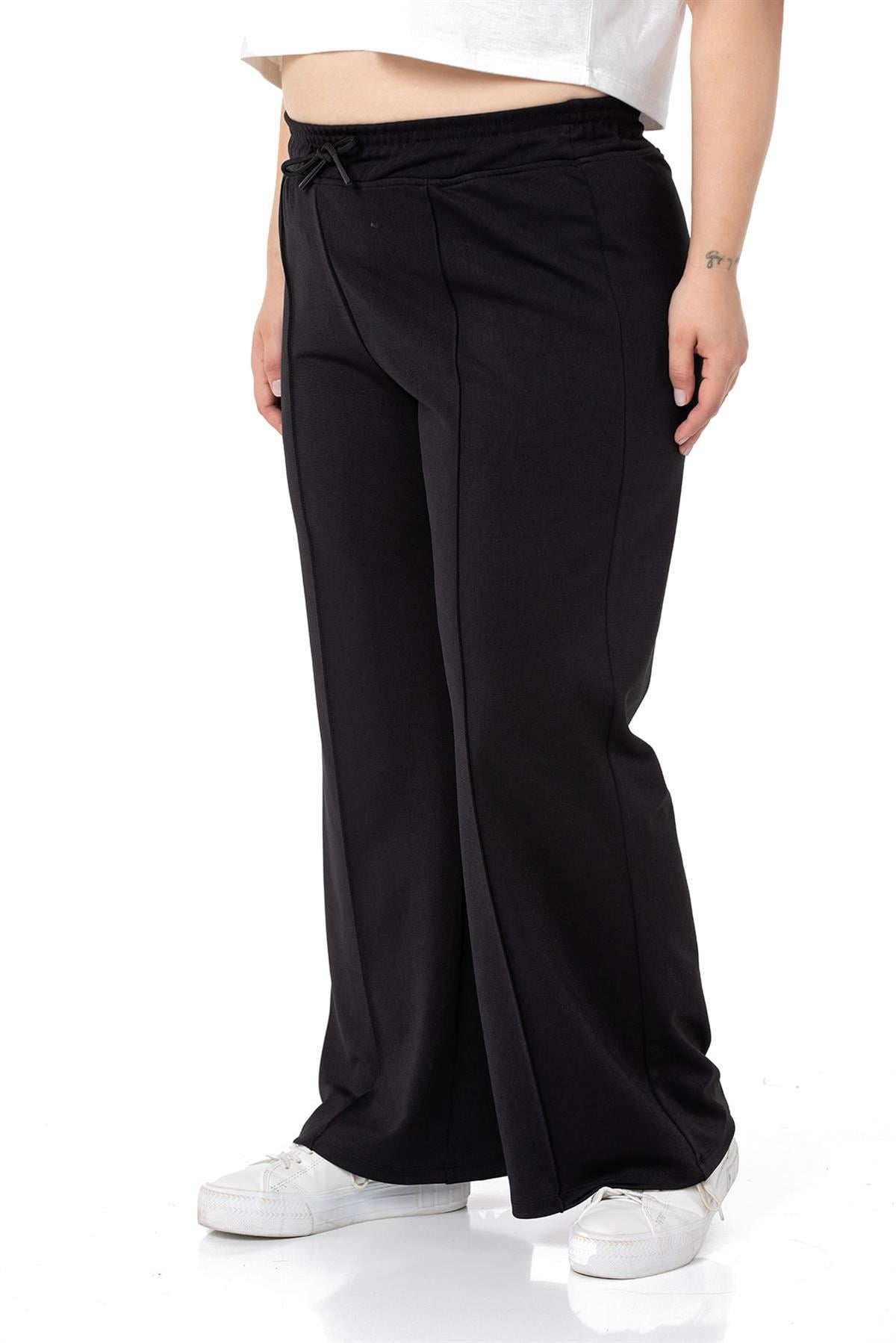 Plus Size Black Wide Leg Trousers with Elastic Waist and Drawstring and Ribbed Stitching