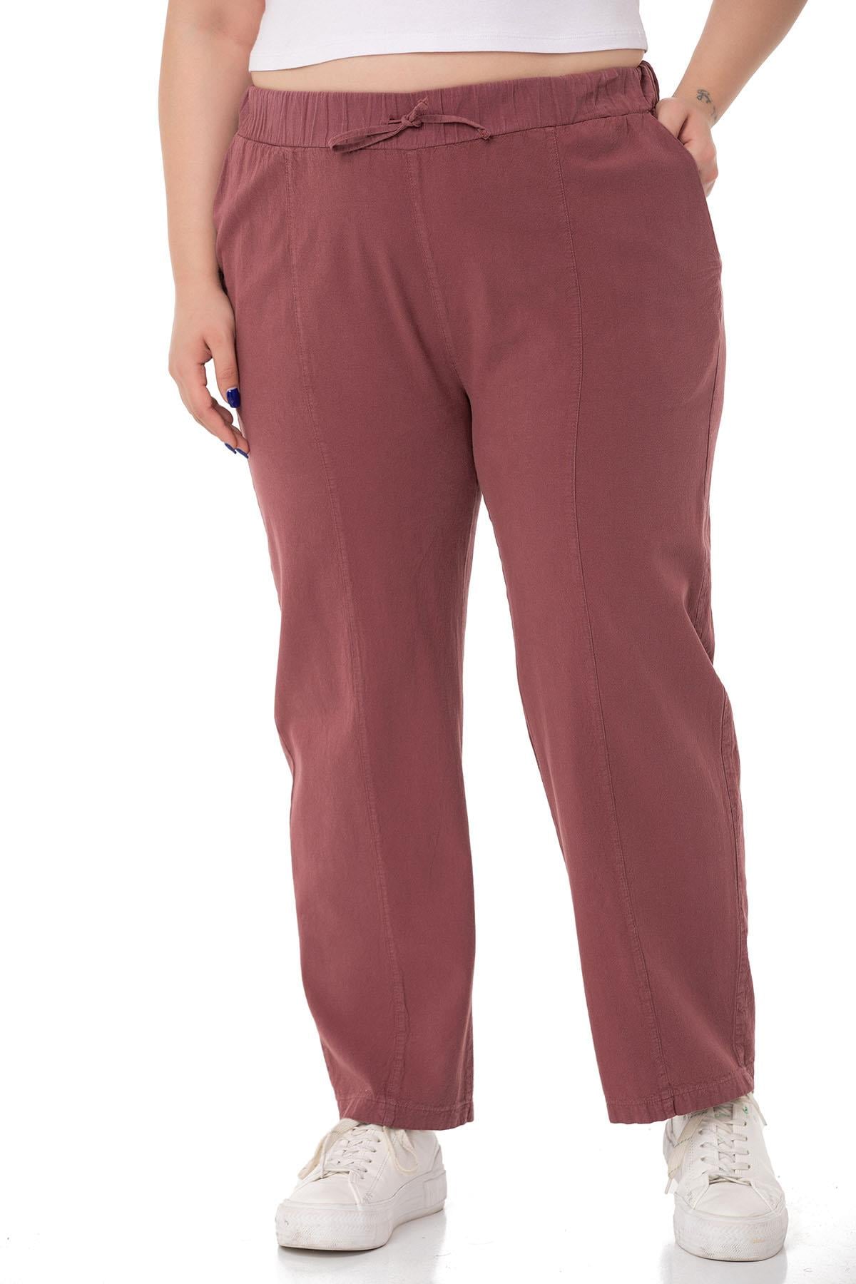 Plus Size Plum Trousers with Elastic Waist and Rope Gather Detail