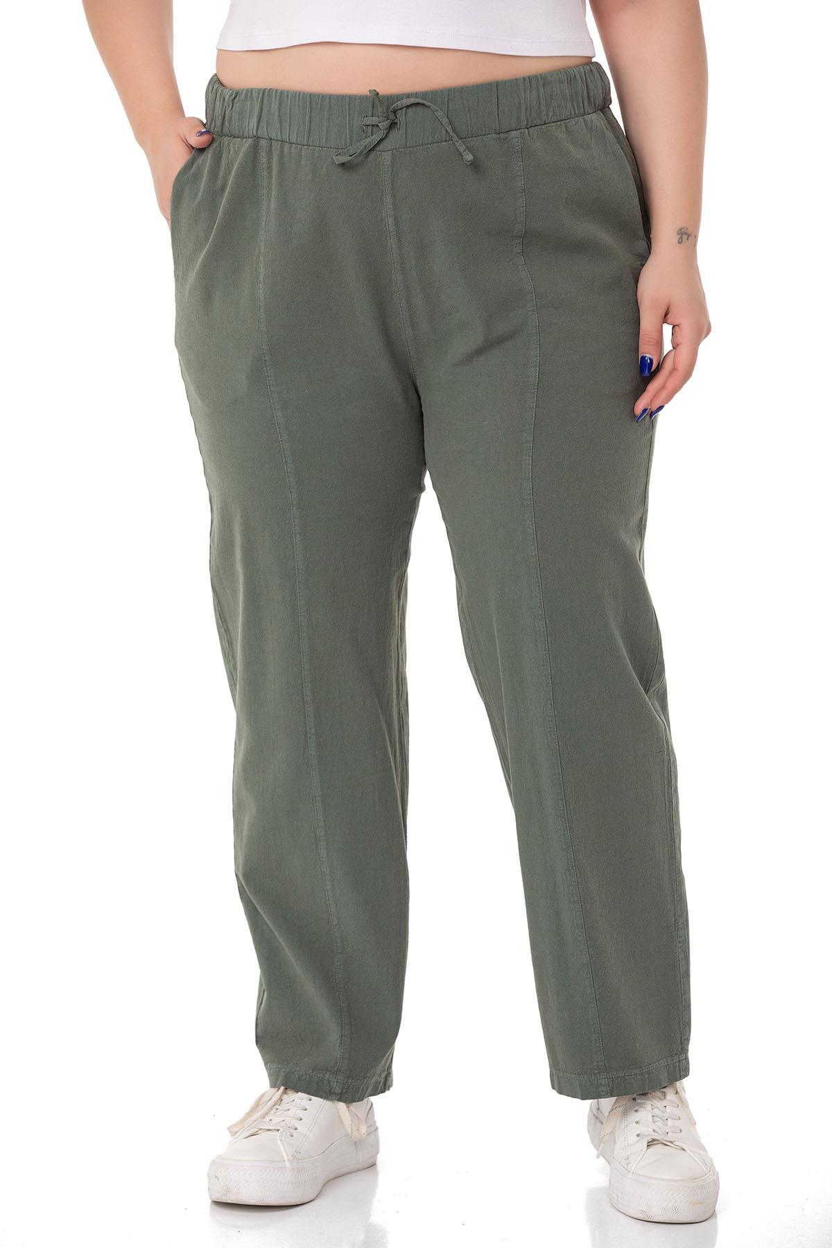 Plus Size Khaki Trousers with Elastic Waist and Drawstring Detail
