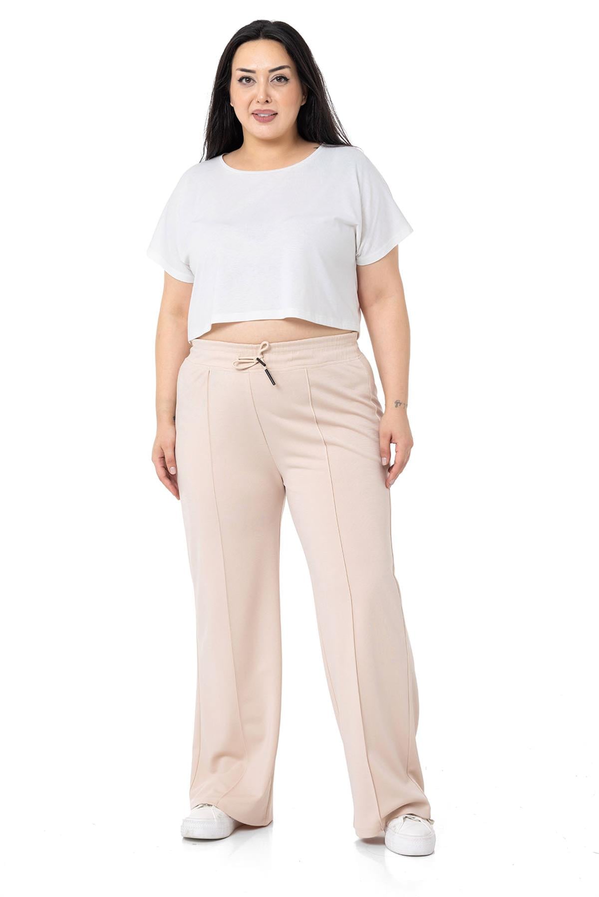 Plus Size Beige Wide Leg Trousers with Elastic Waist and Drawstring and Ribbed Stitching