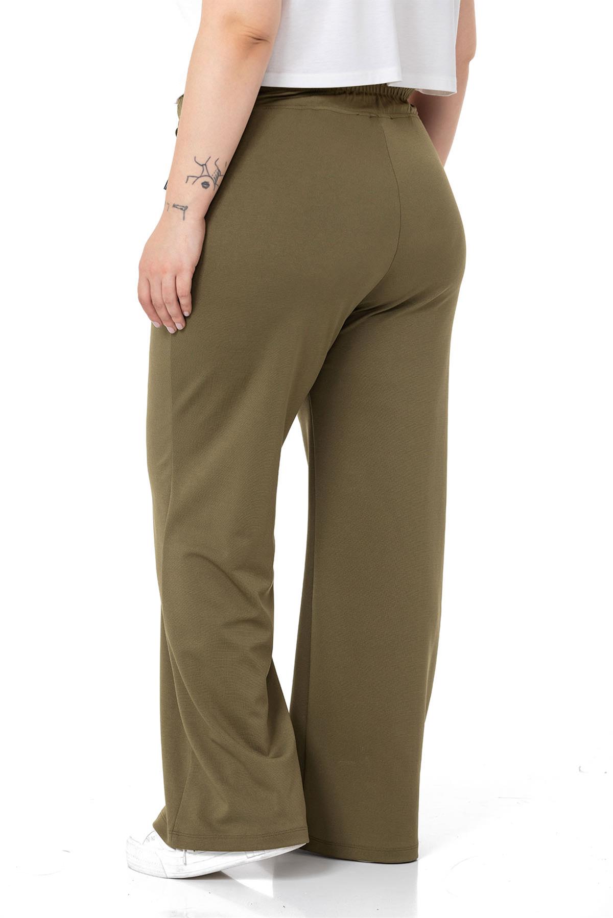 Plus Size Khaki Wide Leg Trousers with Elastic Waist and Drawstring and Ribbed Stitching