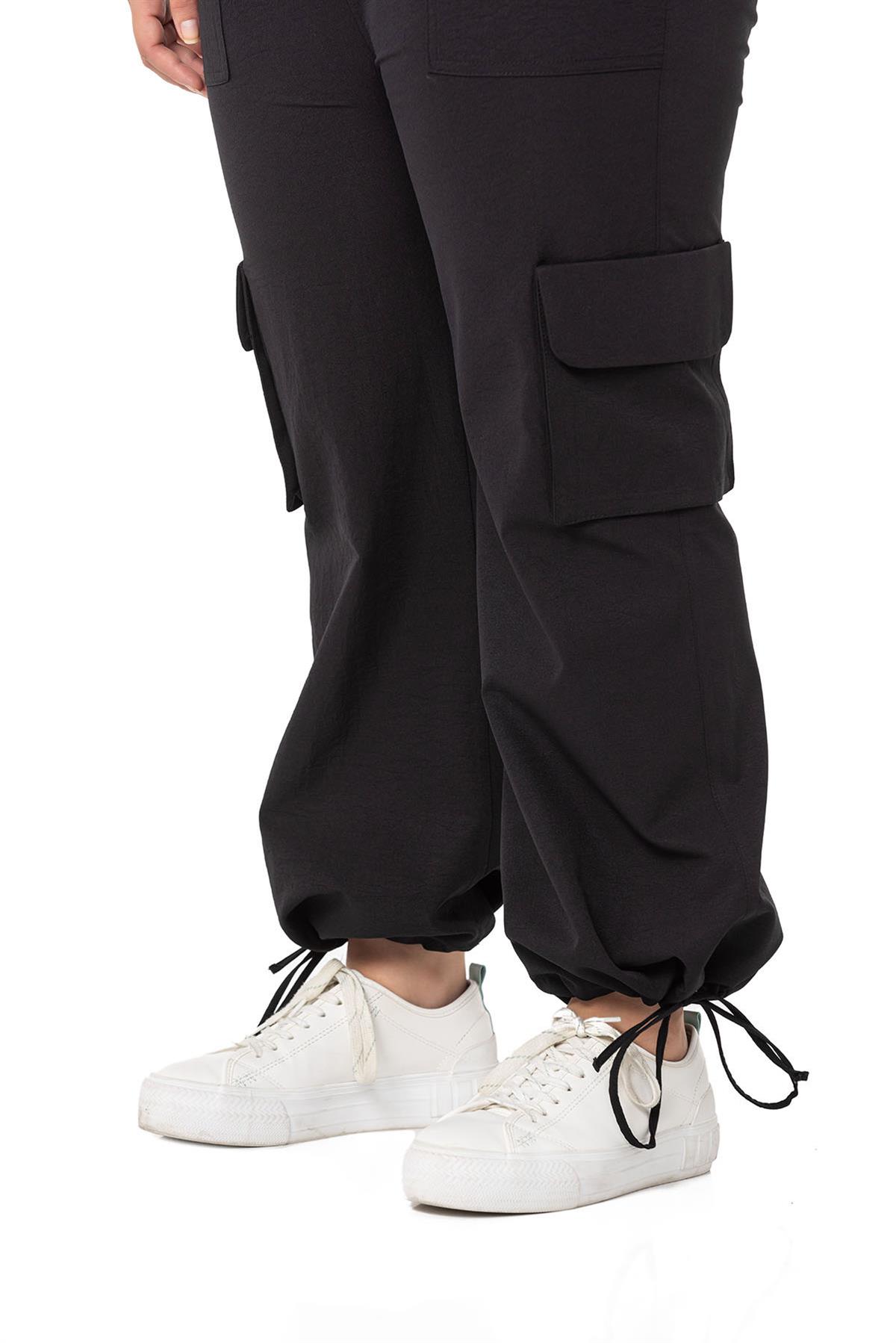 Plus Size Drawstring Detailed Cargo Pocket Parachute Black Trousers