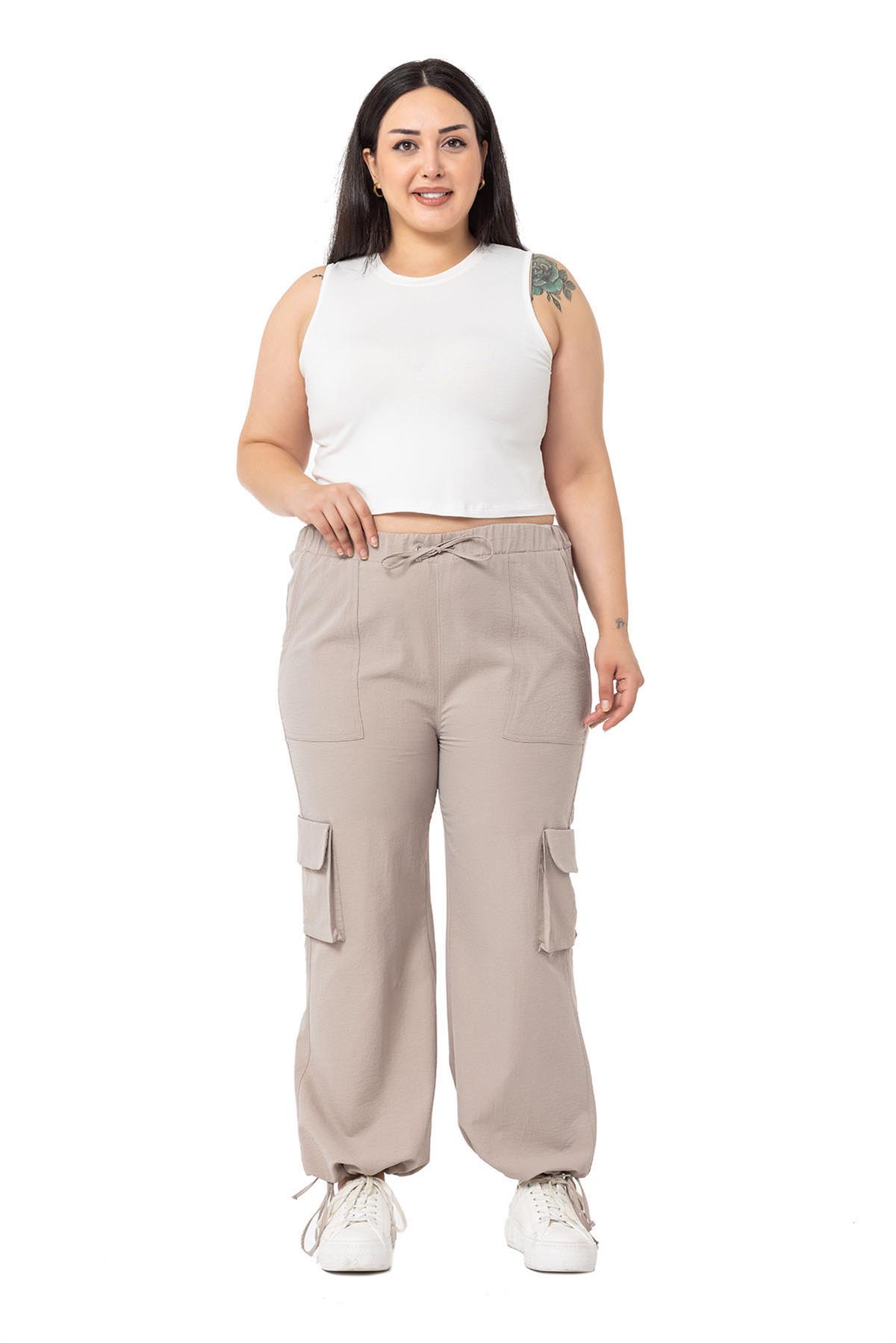 Plus Size Drawstring Detailed Cargo Pocket Parachute Stone Trousers