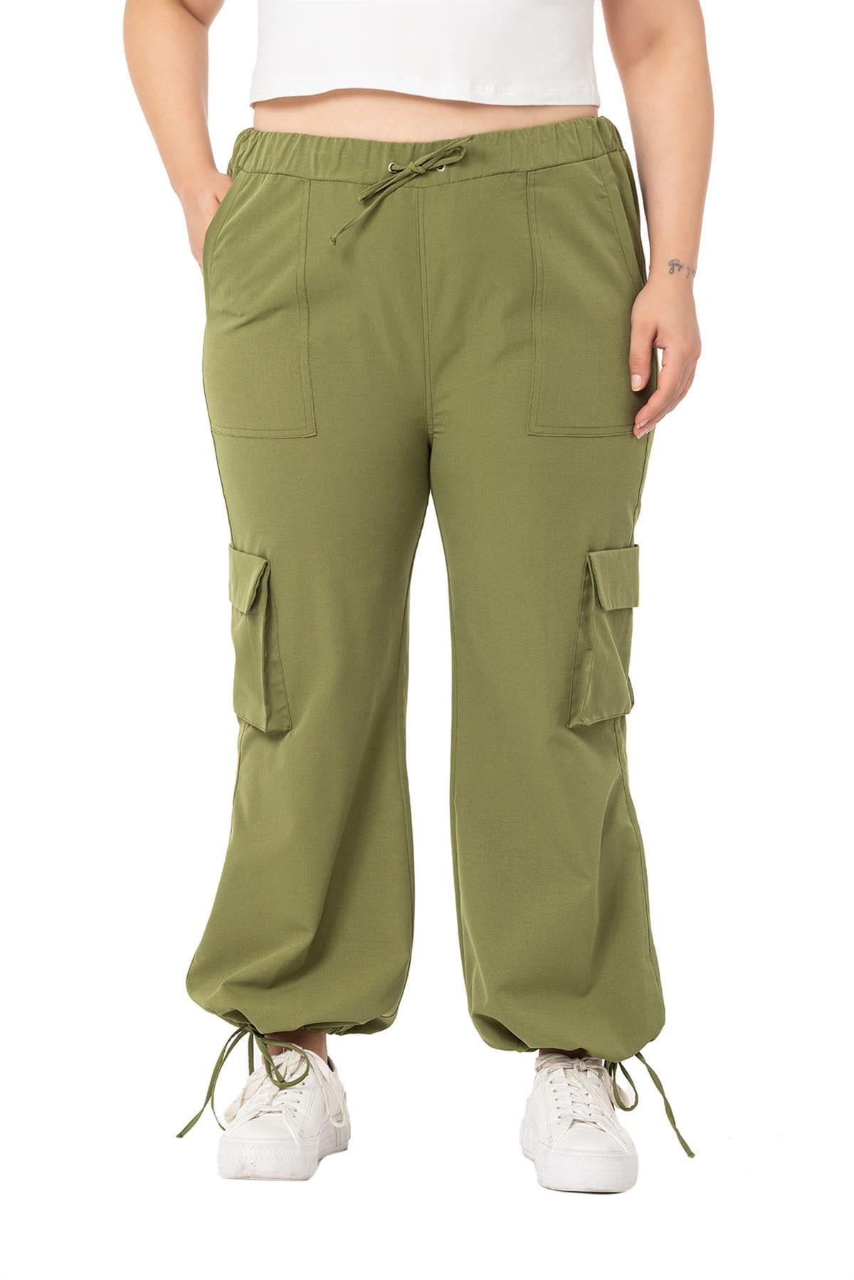 Plus Size Drawstring Detailed Cargo Pocket Parachute Khaki Trousers