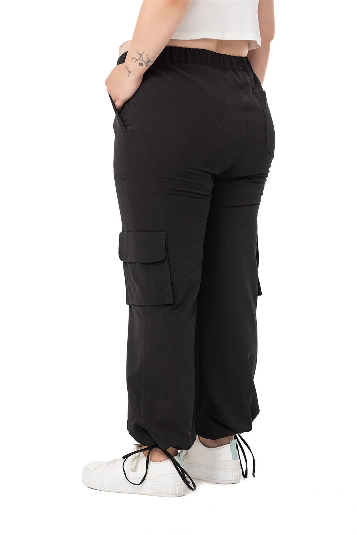 Plus Size Drawstring Detailed Cargo Pocket Parachute Black Trousers