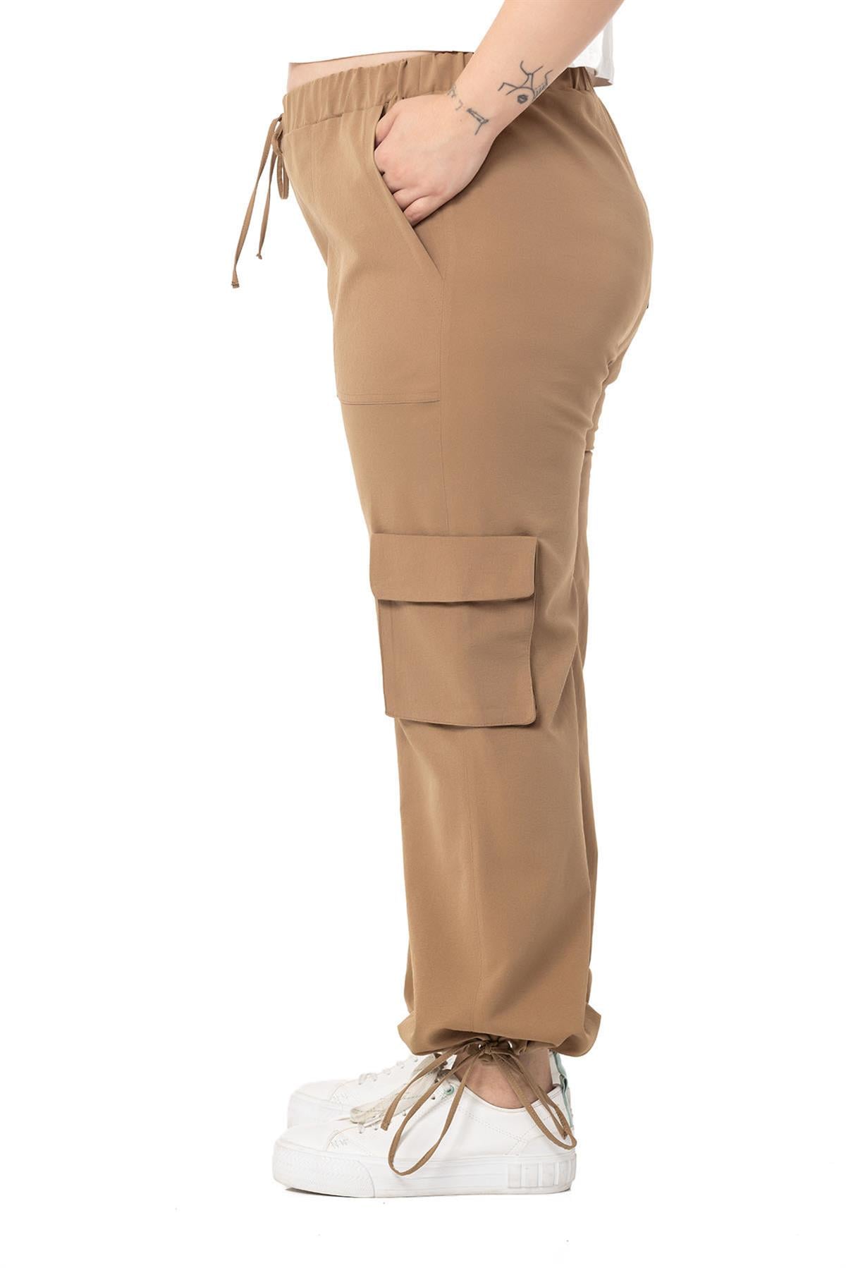Plus Size Drawstring Detailed Cargo Pocket Parachute Mink Trousers